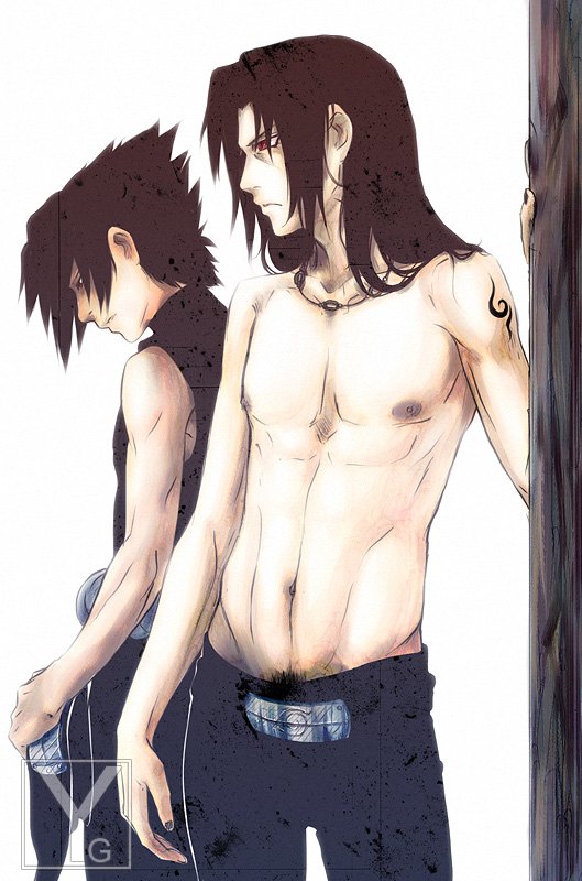 yanagoya, uchiha itachi, uchiha sasuke, naruto (classic), naruto (series), brother, 2boys, arm support, bare shoulders, black eyes, black hair, brothers, family, headband, incest, jewelry, long hair, multiple boys, muscular, nail polish, navel, necklace, nipples, pants, pubic hair, red eyes, scar, short hair, siblings, simple background, standing, tattoo, topless male, yaoi