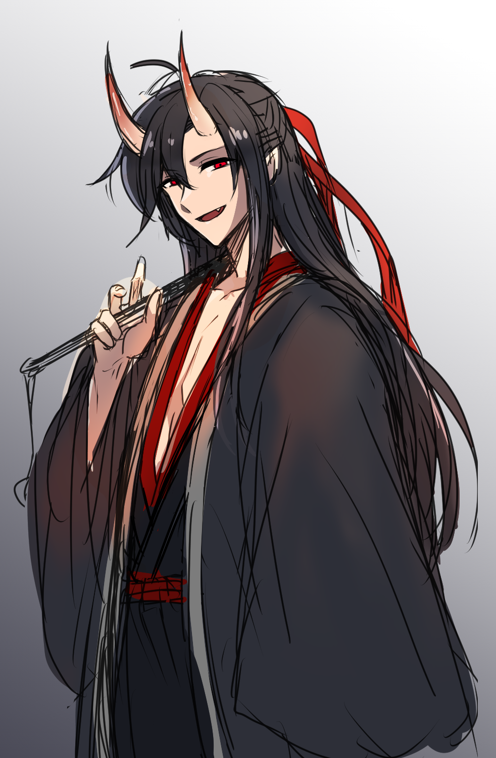 wei wuxian, wei wuxian (yiling laozu), modao zushi, commentary request, highres, 1boy, ahoge, aslle, black hair, black hanfu, chenqing flute, chinese clothes, coat, dizi, fang, flute, gradient background, grey background, grey coat, hair down, hair ribbon, half updo, hanfu, headband, holding, holding flute, holding instrument, horns, instrument, long hair, long sleeves, looking at viewer, male focus, official alternate costume, official alternate hairstyle, oni, open clothes, open coat, open mouth, pectoral cleavage, pectorals, pointy ears, red eyes, red ribbon, ribbon, robe, sidelocks, simple background, sketch, skin-covered horns, smile, solo, standing, transverse flute, wide sleeves