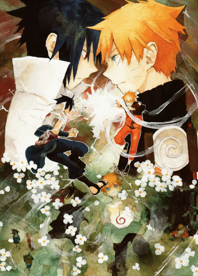 shida, haruno sakura, hatake kakashi, uchiha sasuke, uzumaki naruto, naruto (classic), naruto (series), bad id, bad pixiv id, 3boys, aged down, black hair, blue eyes, dual persona, flower, holding hands, lightning, male focus, multiple boys, orange hair, pink hair, red eyes, ripples, sandals, scroll, water, white hair