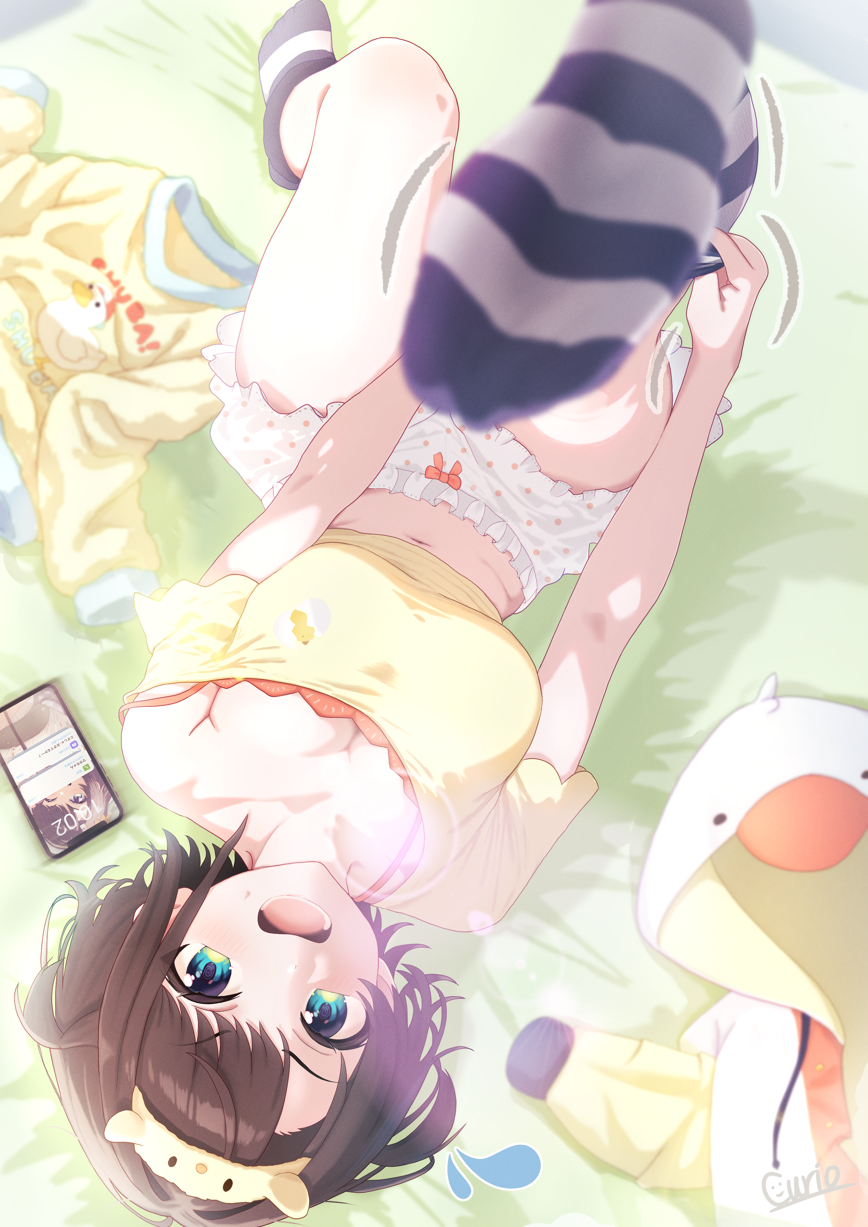 curio (curiofinity), oozora subaru, oozora subaru (loungewear), hololive, on nack, absurdres, commentary request, highres, 1girl, :d, adjusting clothes, adjusting sock, bed sheet, black socks, bloomers, blue eyes, bra, bra peek, breasts, brown hair, cellphone, cleavage, cropped shirt, hood, hooded jacket, jacket, large breasts, leg up, looking at viewer, loose socks, loungewear, lying, midriff, navel, official alternate costume, official alternate hairstyle, open mouth, orange bra, phone, polka dot, polka dot bloomers, shirt, short hair, short sleeves, smartphone, smile, socks, solo, striped clothes, striped socks, swept bangs, two side up, underwear, unworn jacket, unworn shirt, virtual youtuber, white bloomers, white jacket, yellow shirt