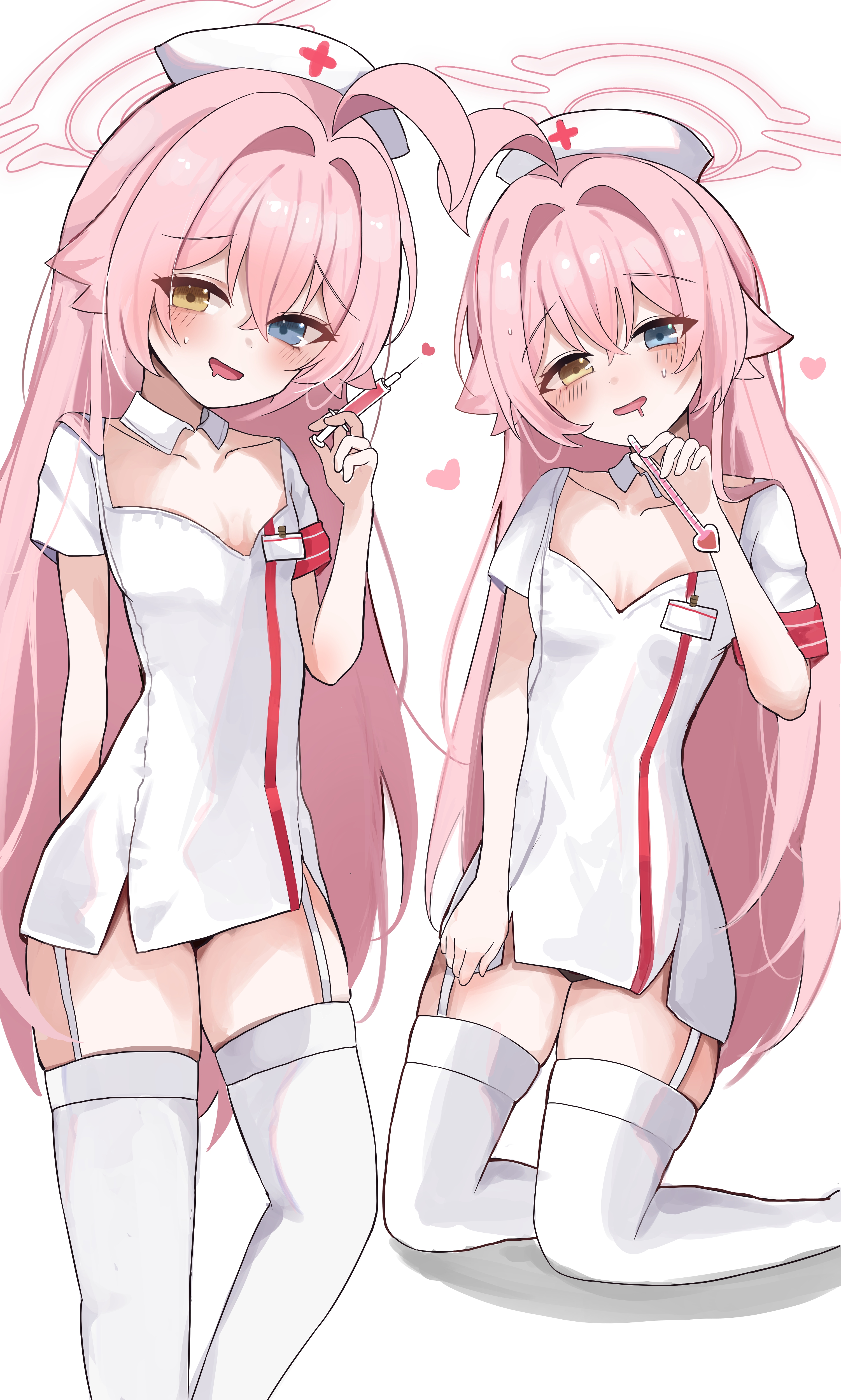 chii (k ung), hoshino (blue archive), blue archive, absurdres, commentary request, highres, 1girl, ahoge, alternate costume, blue eyes, blush, breasts, collarbone, detached collar, dress, drooling, feet out of frame, garter straps, hair between eyes, halo, hat, heart, heterochromia, holding, holding syringe, id card, kneeling, long hair, looking at viewer, multiple views, nurse, nurse cap, open mouth, pink hair, pink halo, short sleeves, simple background, small breasts, smile, syringe, thighhighs, white background, white dress, white hat, white thighhighs, yellow eyes