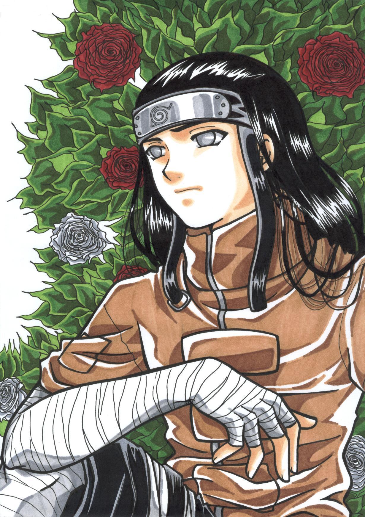 lucrecia (y!gallery), hyuuga neji, naruto (classic), naruto (series), highres, 1boy, black hair, flower, headband, legs, long hair, male focus, nature, rose, shirt, shorts, sitting, solo, very long hair, white eyes