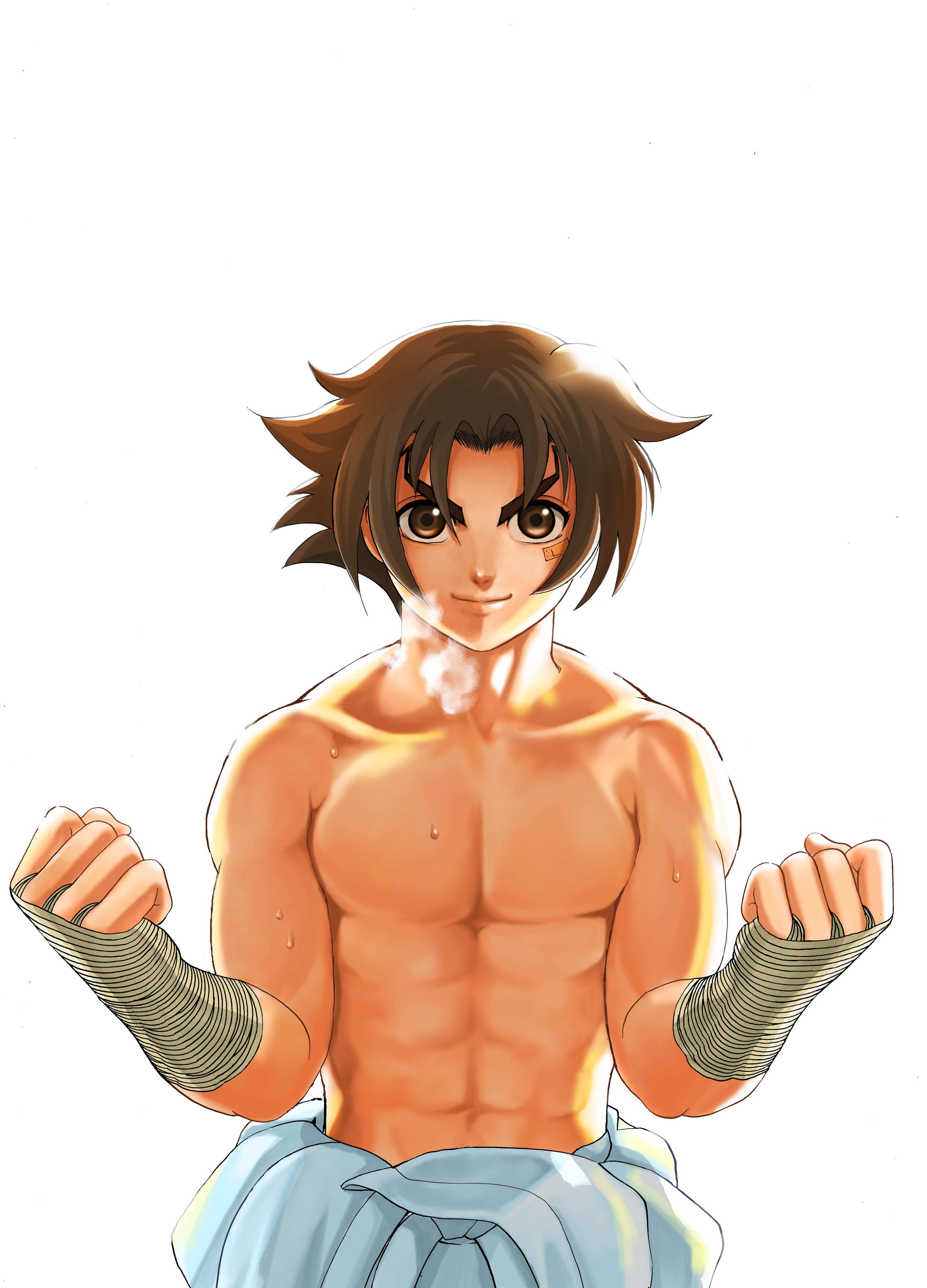 matsuena shun, shirahama ken'ichi, shijou saikyou no deshi ken'ichi, absurdres, commentary request, highres, official art, abs, bandaid, bandaid on cheek, bandaid on face, breath, brown eyes, brown hair, clenched hands, closed mouth, curtained hair, dougi, flipped hair, japanese clothes, looking at viewer, muscular, short hair, simple background, smile, sweat, topless male, upper body, v-shaped eyebrows, white dougi