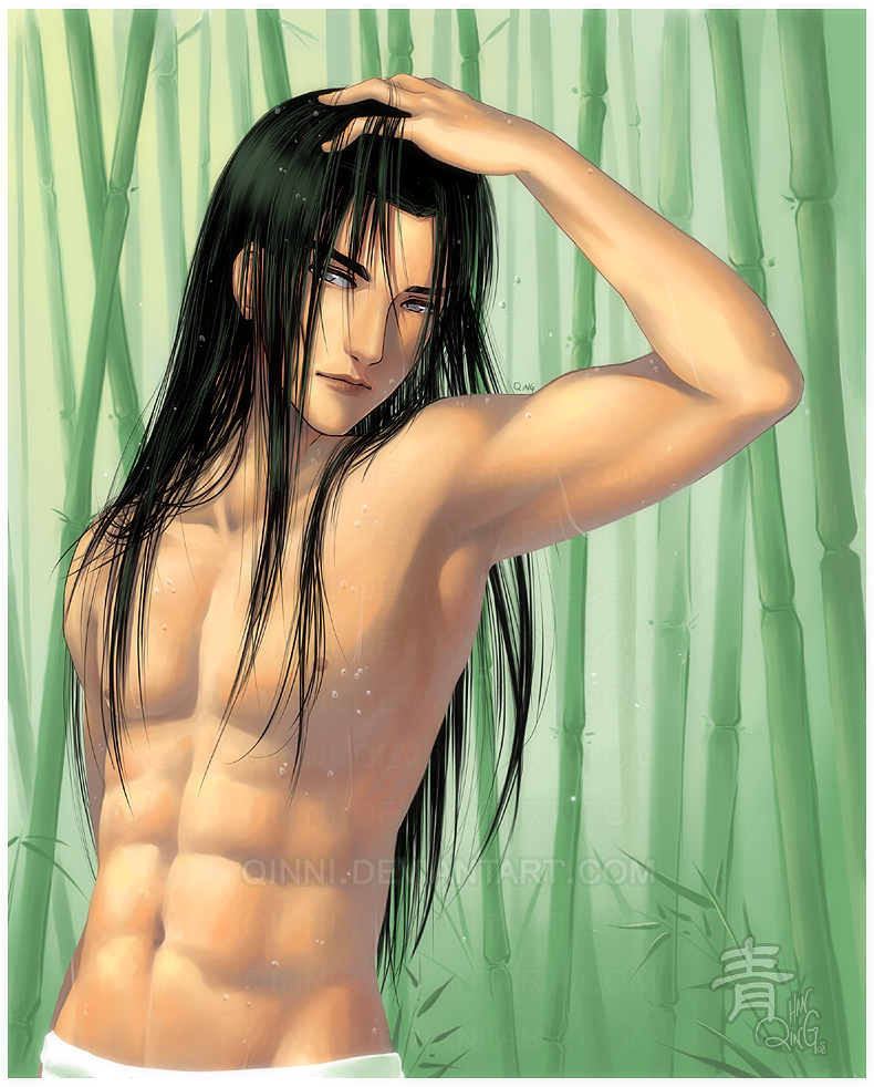 qinni, hyuuga neji, naruto (classic), naruto (series), 1boy, abs, armpits, arms up, bamboo, bare shoulders, black hair, long hair, male focus, muscular, nature, navel, nipples, outdoors, solo, standing, sweat, topless male, towel, very long hair, water, white eyes