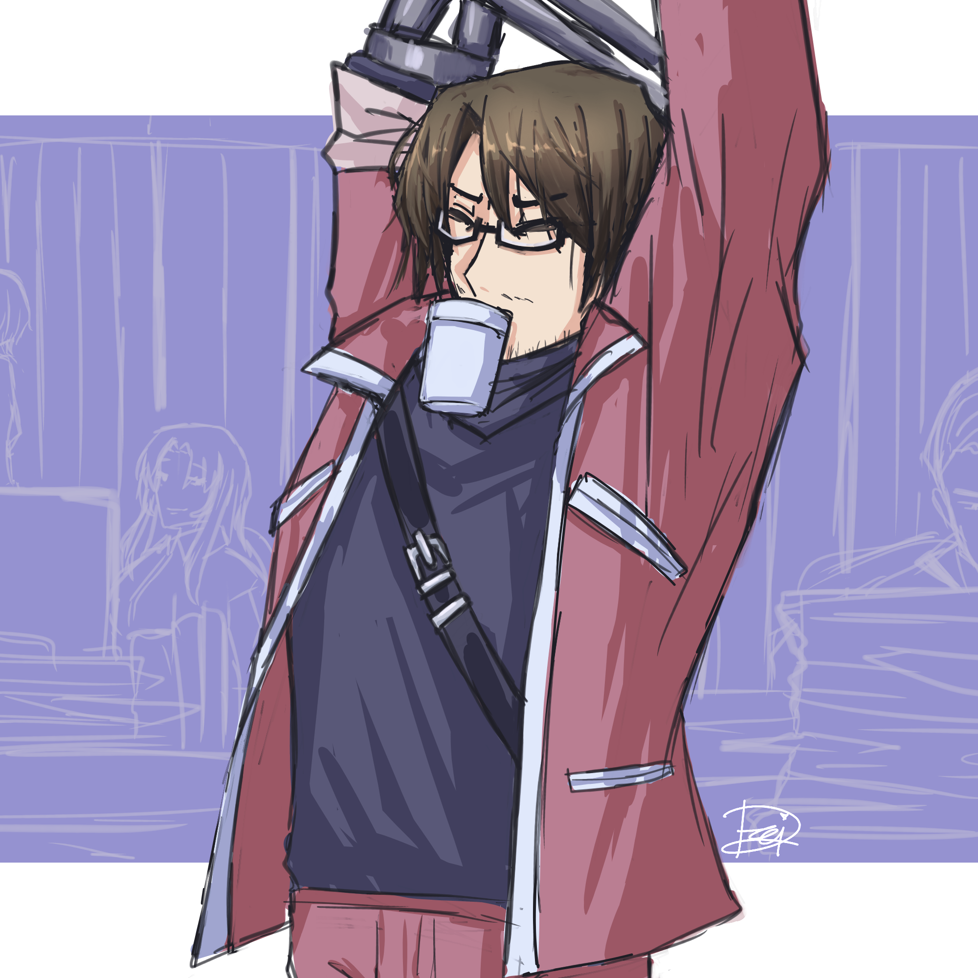 gregor (project moon), meursault (project moon), rodion (project moon), sinclair (project moon), limbus company, project moon, absurdres, highres, photoshop (medium), 1girl, 3boys, alternate costume, amputee, arms up, artist name, bags under eyes, beard stubble, black-framed eyewear, black-framed glasses, black strap, black sweater, brown hair, casual, closed eyes, closed mouth, coffee, collared jacket, collared shirt, cowboy shot, cup, disposable cup, drink, facial hair, from side, glasses, hair between eyes, holding, holding cup, indoors, jacket, joints, long hair, long sleeves, looking at another, male focus, mechanical arms, mouth hold, multiple boys, official alternate costume, open clothes, open jacket, pants, paper, paper stack, parted bangs, prosthesis, prosthetic arm, purple jacket, purple pants, rosespanner workshop (identity) (project moon), semi-rimless eyewear, shirt, short hair, signature, simple background, single mechanical arm, sketch, sketchbook, smile, solo, solo focus, spitting, standing, strap, stretching, stubble, sweater, turtleneck, turtleneck sweater, under-rim eyewear, upper body, white trim, window