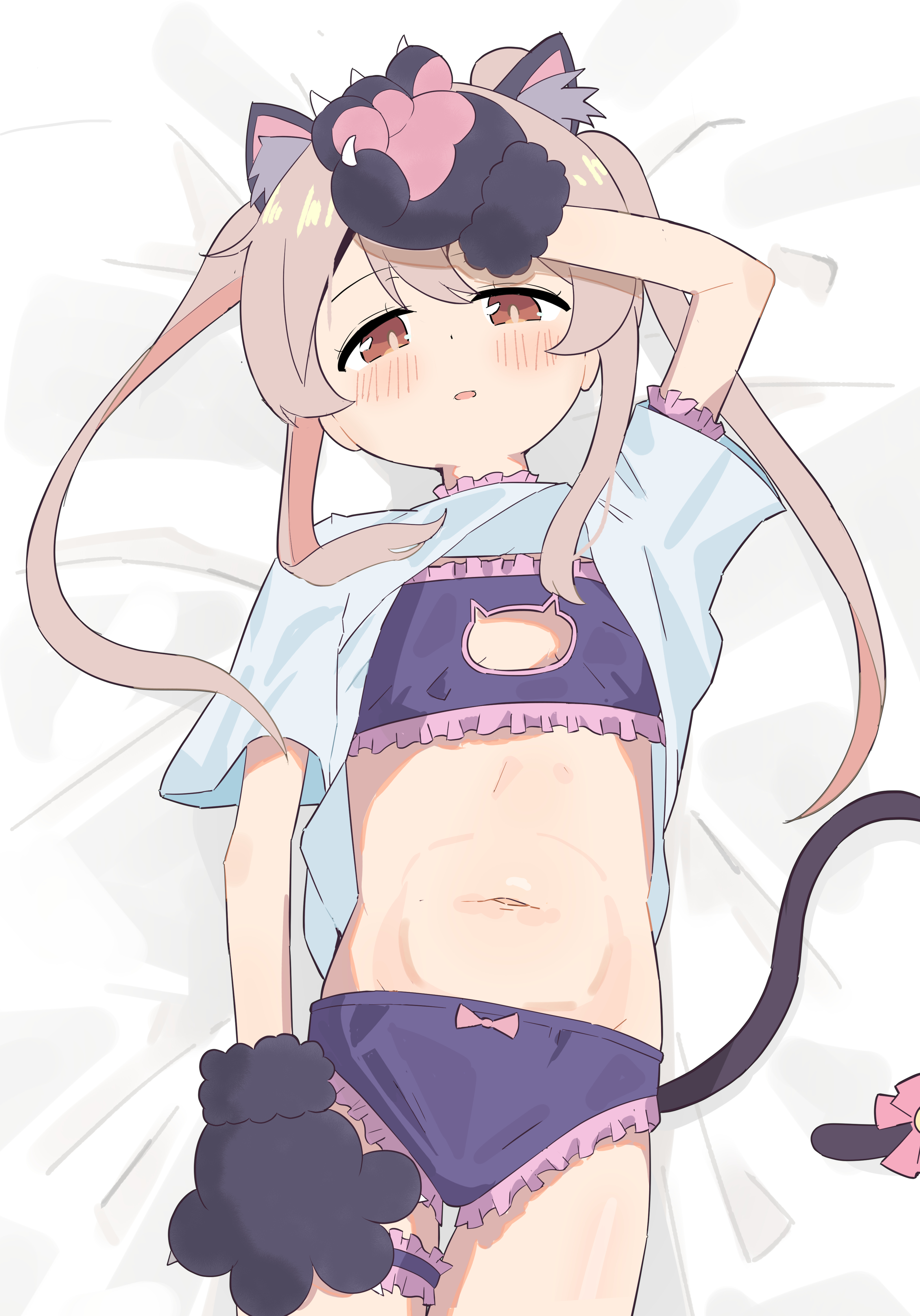 yama h15, oyama mahiro, onii-chan wa oshimai!, absurdres, commentary, highres, 1girl, animal ear fluff, animal ears, animal hands, arm up, bare arms, bed sheet, black bra, black panties, blush, bow, bow panties, bra, brown eyes, cat cutout, cat ears, cat lingerie, cat tail, choker, clothes lift, clothing cutout, cowboy shot, flat chest, frilled bra, frilled choker, frilled panties, frilled thigh strap, frills, gloves, grey hair, groin, hand on own head, long hair, looking at viewer, lying, multicolored hair, navel, on back, panties, parted lips, paw gloves, pink bow, pink hair, shirt, shirt lift, short sleeves, sidelocks, solo, stomach, t-shirt, tail, tail bow, tail ornament, thigh gap, thigh strap, twintails, two-tone hair, underwear, white shirt