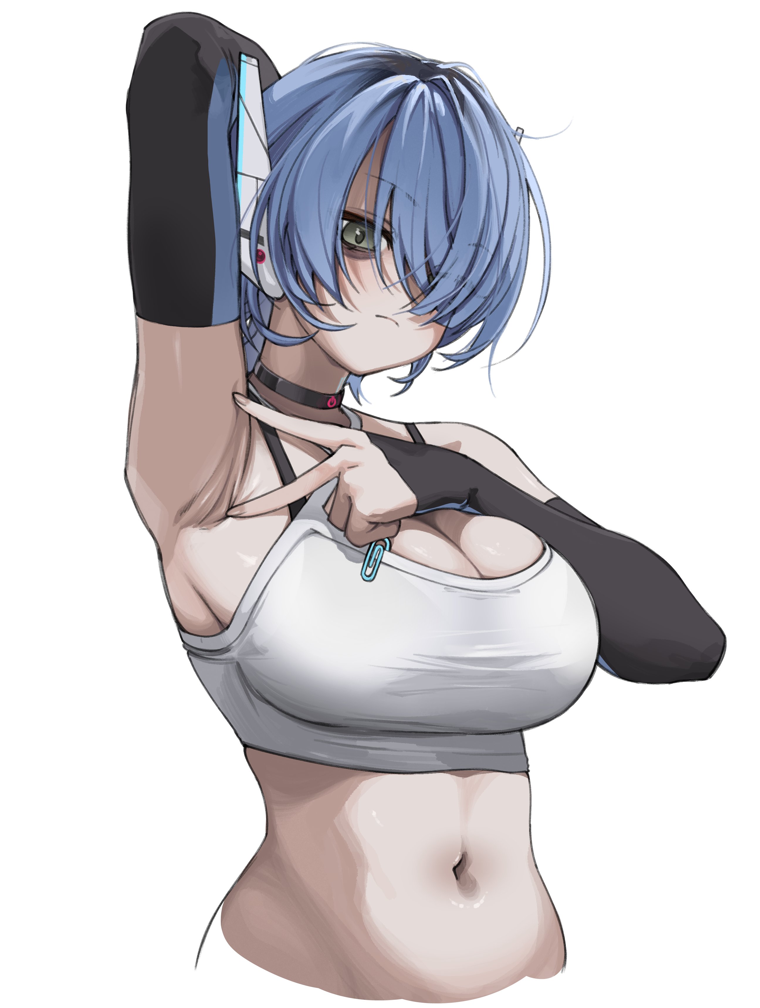 strideytidey, glitch stars, absurdres, hashtag-only commentary, highres, 1girl, arm behind head, arm up, armpit focus, armpits, blue hair, breasts, choker, cleavage, covered eyes, crop top, hair between eyes, hair over eyes, headgear, large breasts, limina alteri, looking at viewer, presenting armpit, short hair, simple background, solo, spread armpit, virtual youtuber