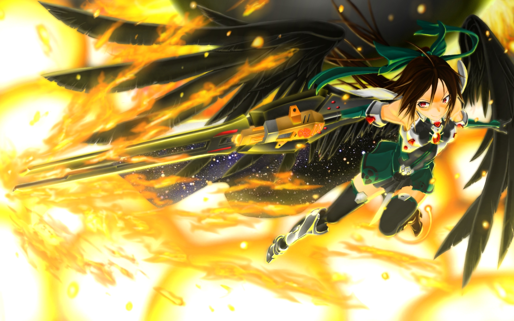 maruyama kurehiro, raid zero, reido (raid zero), reiuji utsuho, touhou, highres, 1girl, adapted costume, alternate weapon, arm cannon, asymmetrical clothes, asymmetrical footwear, black thighhighs, bow, brown hair, elbow gloves, female focus, fire, gloves, hair bow, long hair, mismatched footwear, red eyes, solo, space, thighhighs, weapon, wings, zettai ryouiki