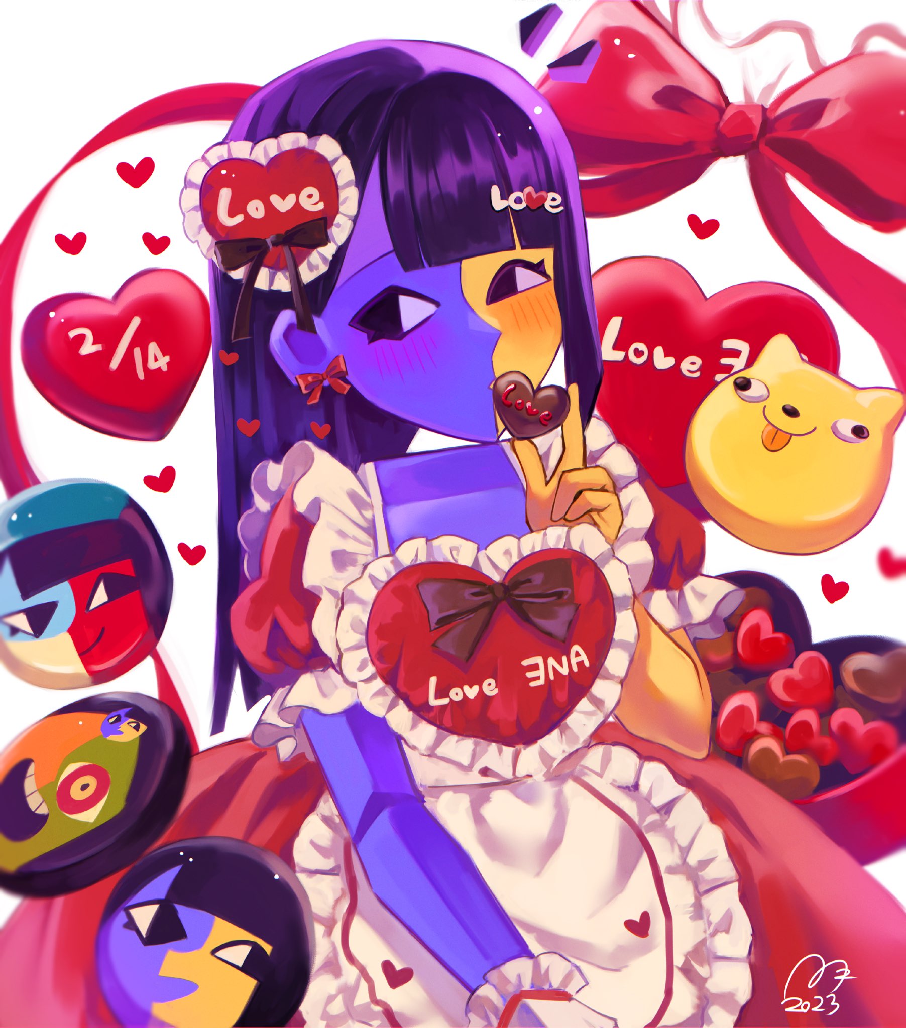 usagimarumei, demon ena, ena (dream bbq), ena (ena), happy ena, hourglass dog, sad ena, salesperson ena, ena: dream bbq, ena (series), ena (web series), highres, 1girl, alternate costume, asymmetrical hair, black eyes, black hair, blue skin, blunt bangs, blush, bow, candy, chocolate, chocolate heart, colored skin, cookie, dog, dress, ena (species), floating head, food, frilled dress, frills, hair ornament, heart, heart-shaped food, heart hair ornament, long hair, multicolored skin, puffy short sleeves, puffy sleeves, red ribbon, ribbon, short sleeves, smile, solo, split-color skin, text hair ornament, two-tone skin, valentine, yellow skin