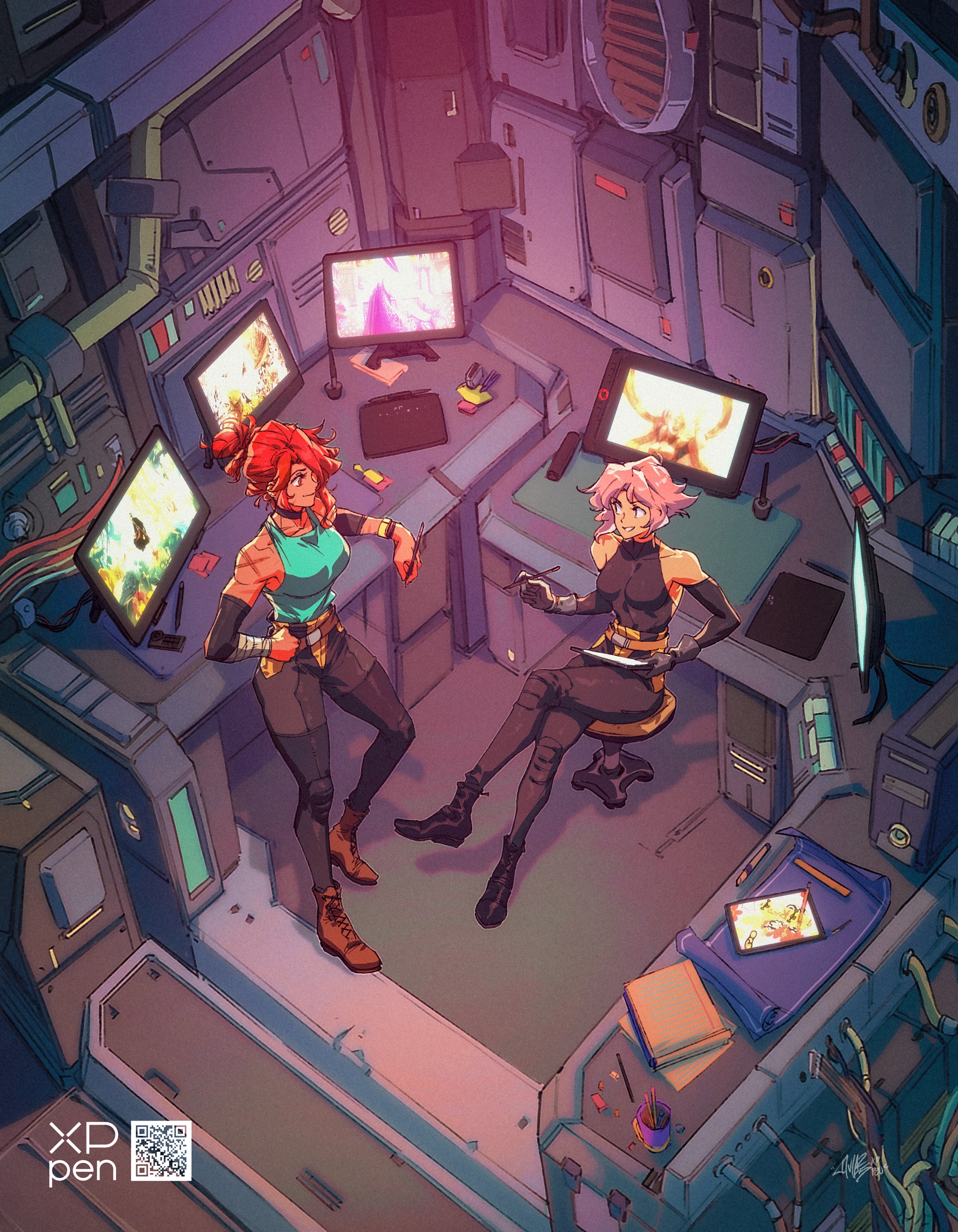 david liu, maria (space maria), pi (space maria), original, space maria, absurdres, commentary, english commentary, highres, official art, promotional art, 1990s (style), 2girls, alternate hairstyle, bare shoulders, blue tank top, breasts, chaps, cross scar, crossed legs, detached sleeves, drawing tablet, from above, full body, high-waist pants, holding, holding stylus, knee pads, large breasts, medium breasts, monitor, multiple girls, on stool, pants, pink hair, qr code, red eyes, red hair, retro artstyle, scar, scar on shoulder, science fiction, short hair, sitting, stool, stylus, tank top, updo, xp-pen