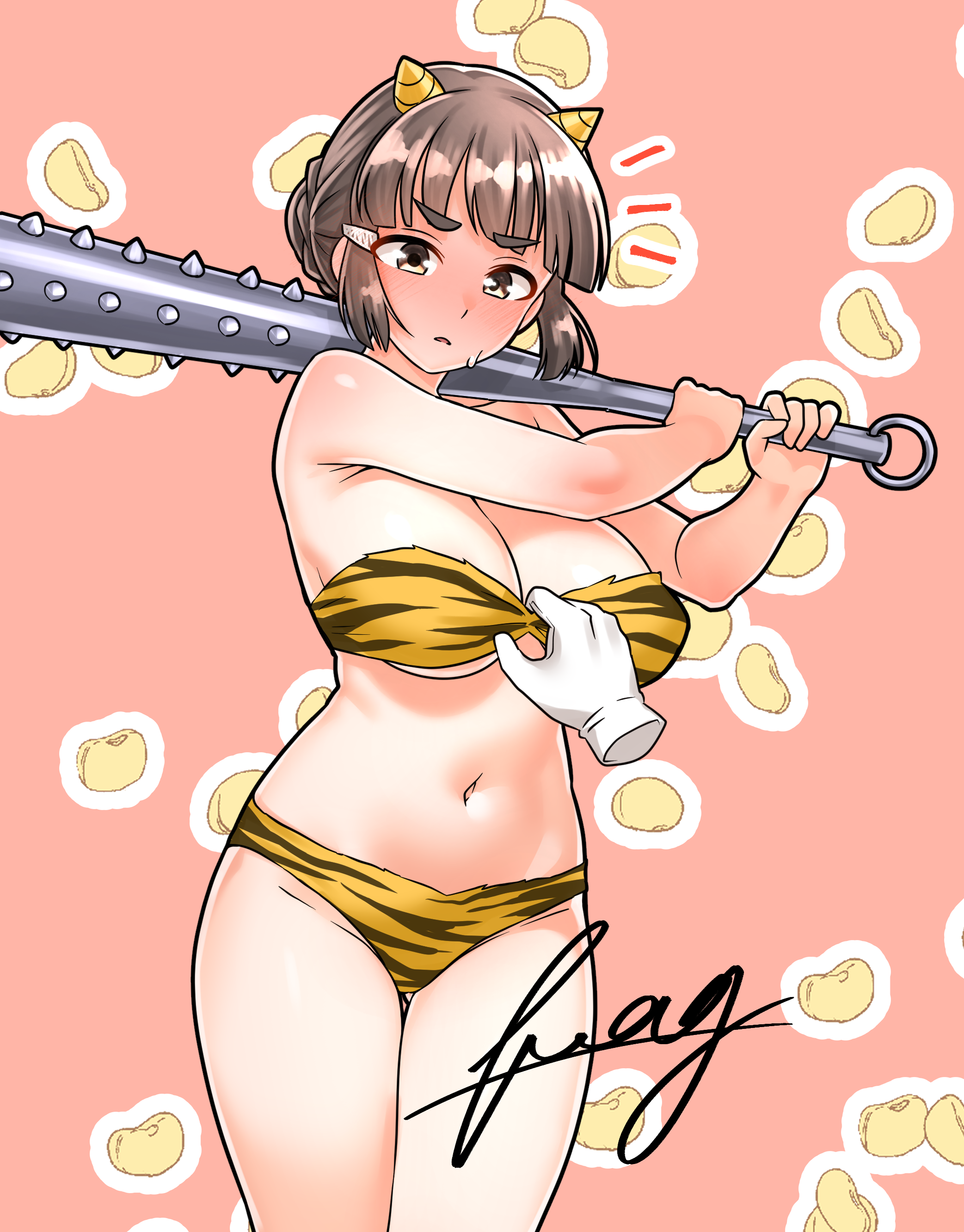 furaggu (frag 0416), myoukou (kancolle), kantai collection, absurdres, commentary request, highres, 1girl, animal print, bikini, black hair, braid, braided bun, breasts, brown eyes, club, club (weapon), cone horns, disembodied hand, fake horns, hair bun, holding, holding club, holding weapon, horns, kanabou, large breasts, navel, oni costume, short hair, spiked club, strapless, strapless bikini, swimsuit, tiger print, weapon