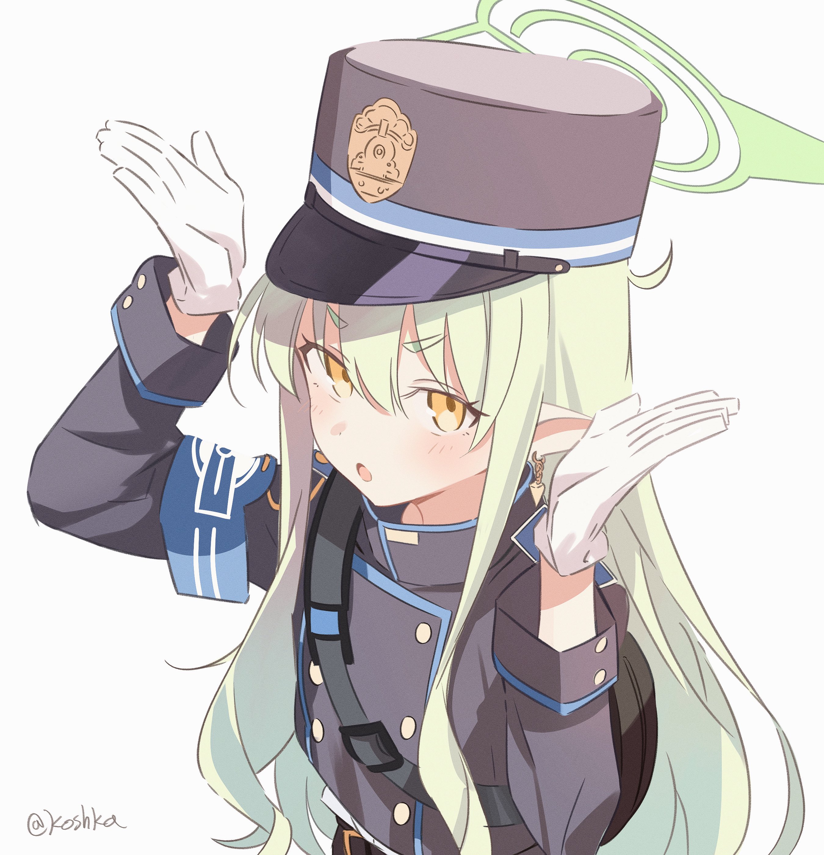 koshka pic, hikari (blue archive), blue archive, absurdres, commentary, highres, 1girl, armband, black hat, black jacket, blue armband, blush, earrings, gloves, hair between eyes, halo, hat, jacket, jewelry, long hair, long sleeves, looking at viewer, open mouth, pointy ears, rabbit pose, sidelocks, simple background, solo, twitter username, upper body, white background, white gloves, yellow eyes