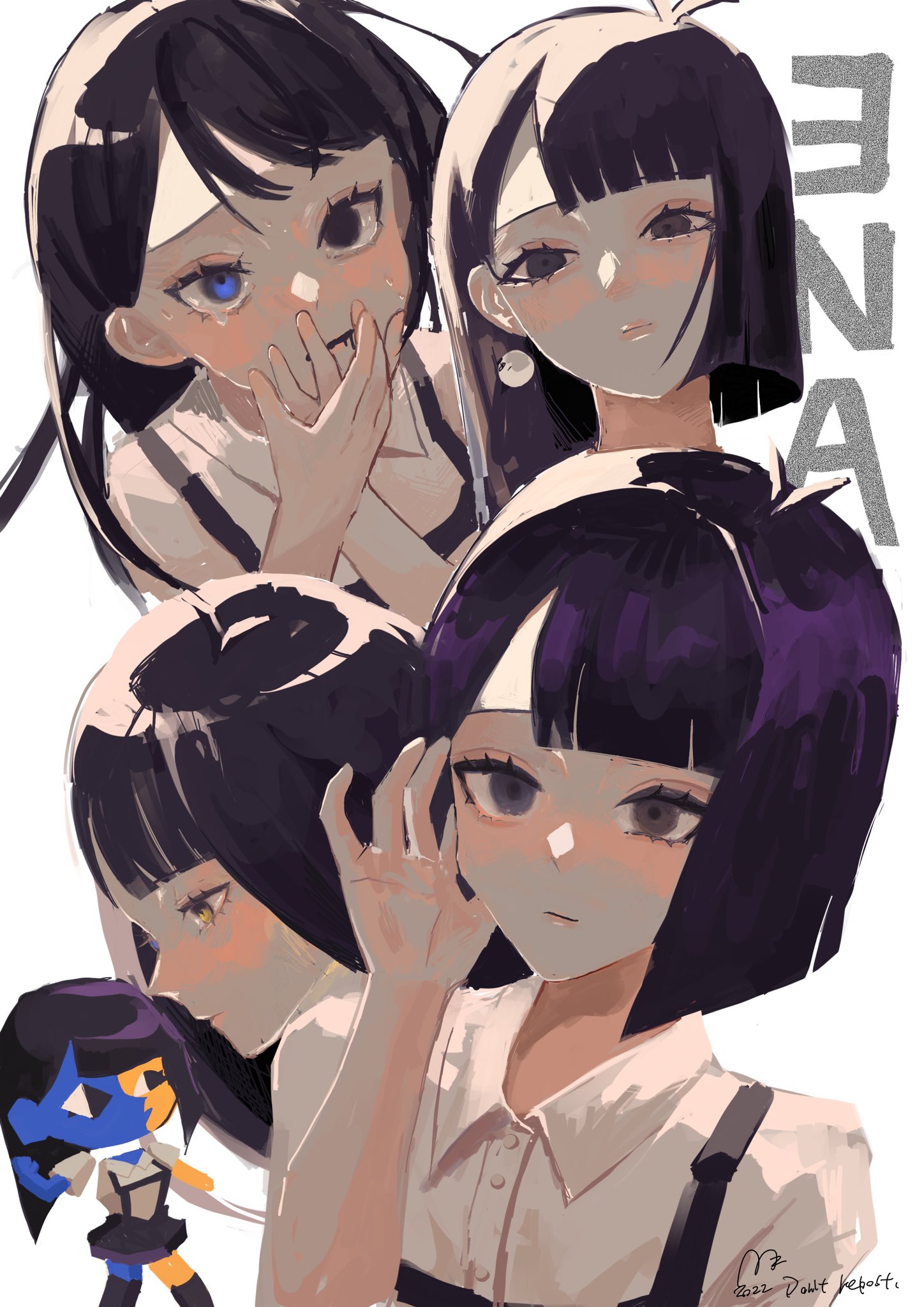 usagimarumei, ena (ena), happy ena, sadder ena, ena (series), ena (web series), commentary, highres, symbol-only commentary, 1girl, asymmetrical hair, black eyes, black hair, blue eyes, blue skin, blunt bangs, blunt ends, blush, character ear piercing, character name, colored skin, ena (species), eyelashes, floating head, heterochromia, humanization, long hair, multicolored skin, pale skin, short sleeves, simple background, skirt, split-color skin, suspenders, sweat, two-tone skin, yellow eyes, yellow skin
