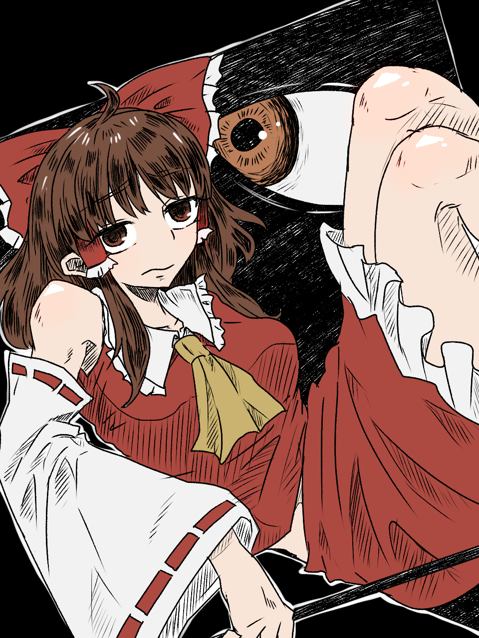 abuo (abuosann), hakurei reimu, touhou, commentary request, highres, 1girl, ascot, bow, breasts, brown eyes, brown hair, closed mouth, detached sleeves, frilled bow, frilled hair tubes, frilled sleeves, frills, gohei, hair bow, hair tubes, holding, holding gohei, large breasts, long hair, red bow, red skirt, ribbon-trimmed sleeves, ribbon trim, skirt, skirt set, solo, yellow ascot