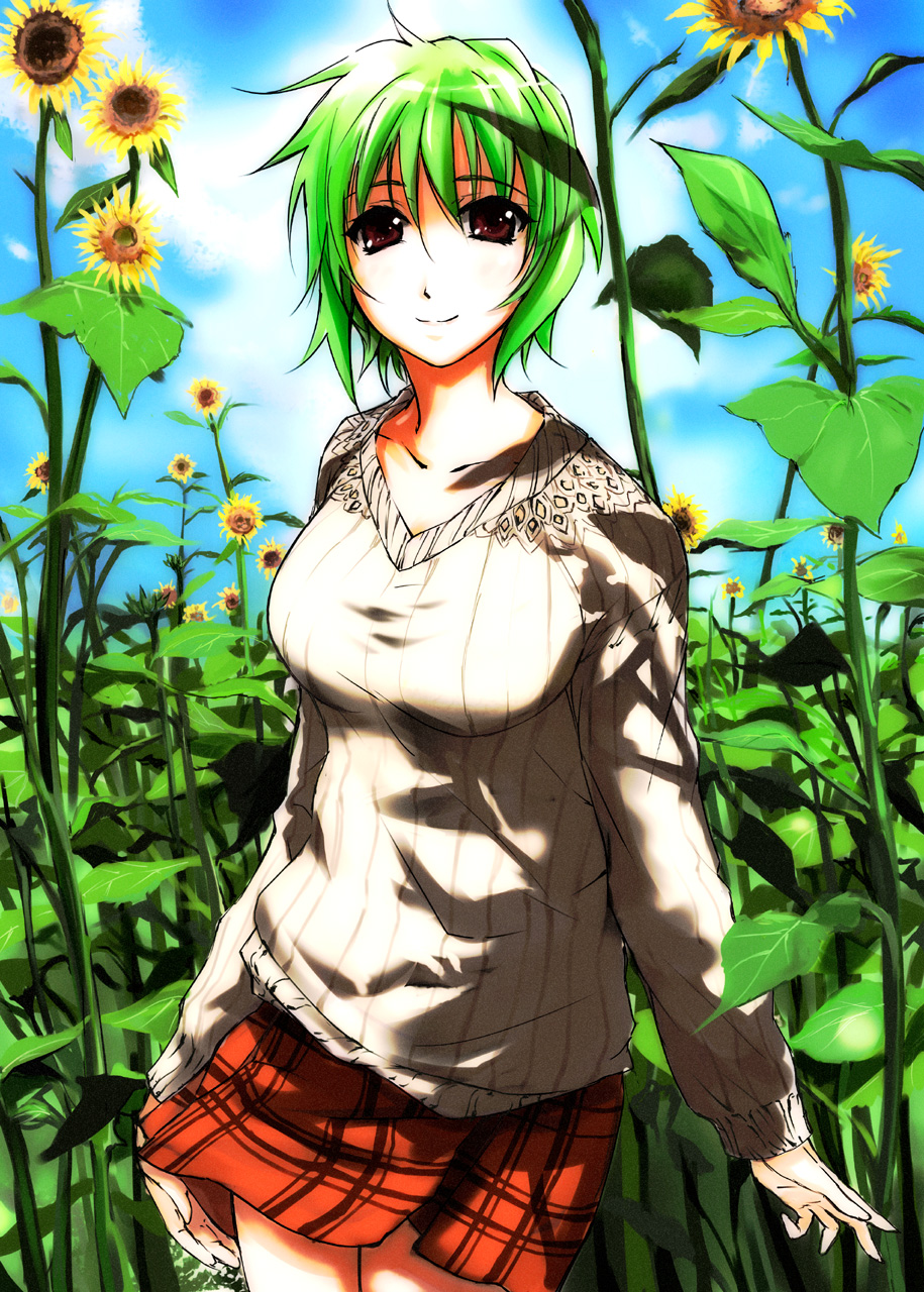 funeral (artist), sumisi, kazami yuuka, touhou, bad id, bad pixiv id, highres, 1girl, adapted costume, breasts, cloud, contemporary, day, female focus, field, flower, flower field, green hair, large breasts, nature, plaid clothes, plaid skirt, red eyes, short hair, skirt, sky, smile, solo, sunflower, sunflower field, sweater