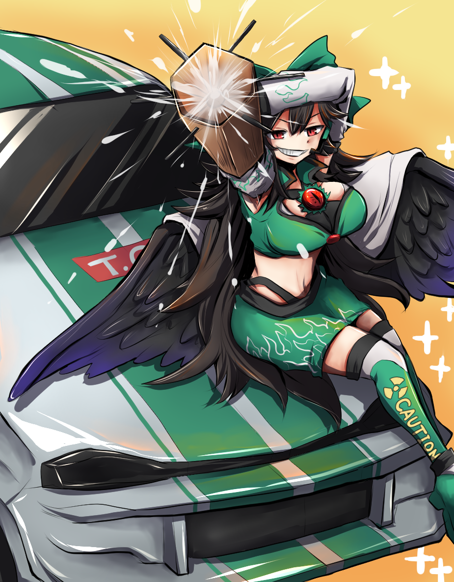 abuo (abuosann), reiuji utsuho, touhou, commentary request, commission, skeb commission, 1girl, alternate costume, arm cannon, bird wings, black hair, black wings, bow, breasts, cape, car, feathered wings, green bow, green skirt, green thighhighs, grin, hair bow, incoming attack, large breasts, long hair, looking at viewer, midriff, motor vehicle, race queen, race vehicle, racecar, red eyes, sign, sitting, skirt, smile, smirk, solo, thighhighs, third eye, third eye on chest, warning sign, weapon, white cape, wings