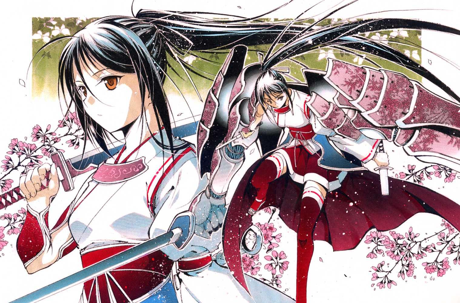 secret dmain, original, bad id, bad pixiv id, 1girl, adapted uniform, armor, black hair, brown eyes, cherry blossoms, japanese clothes, katana, miko, ponytail, sword, thighhighs, weapon