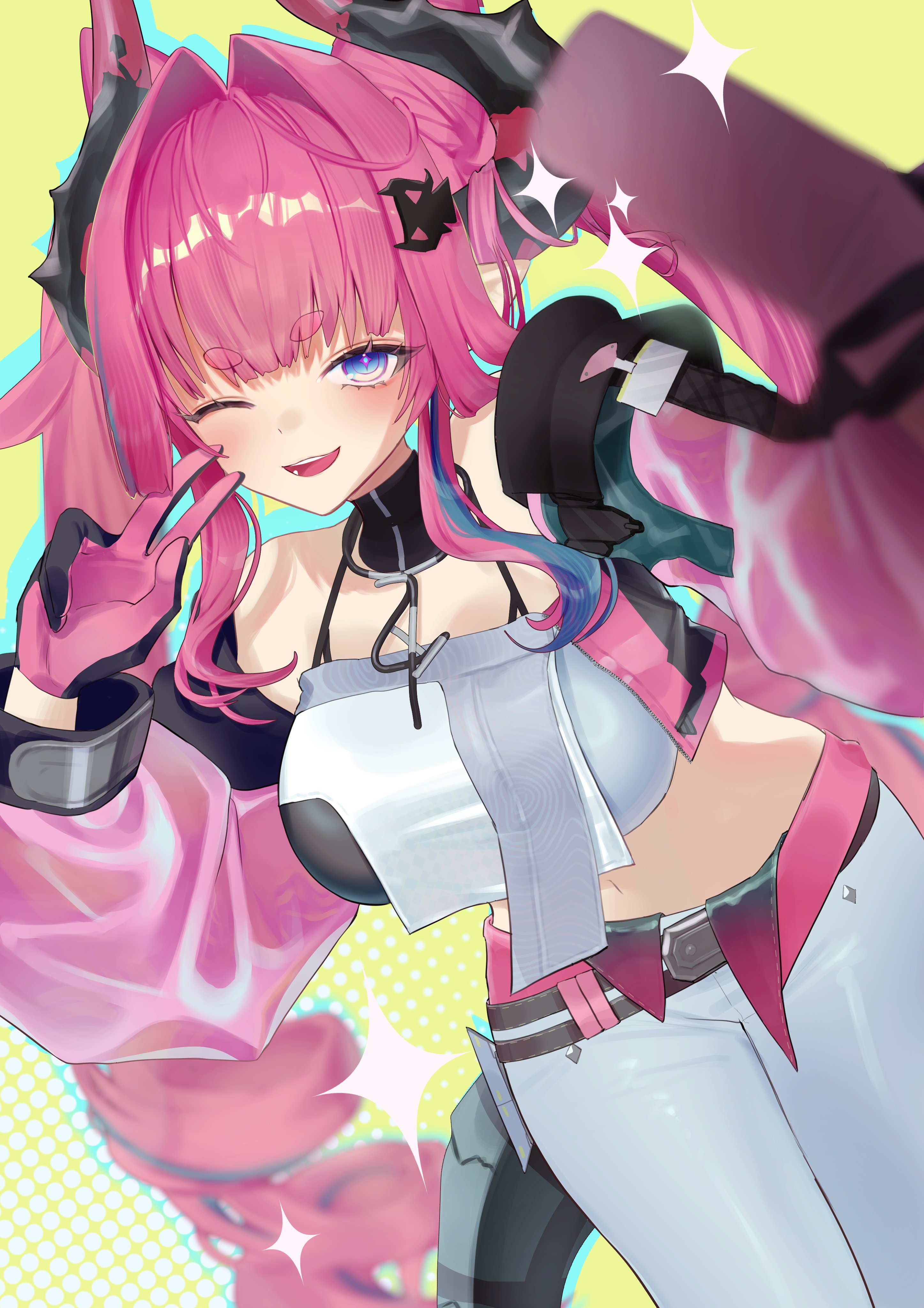 ijen (ljenejl), yvonne (arknights), arknights, arknights: endfield, absurdres, commentary request, highres, 1girl, belt, black gloves, blue eyes, blue hair, blush, breasts, cellphone, detached sleeves, dragon girl, dragon horns, dragon tail, flip phone, gloves, hair ornament, hairclip, horns, large breasts, long hair, one eye closed, open mouth, pants, phone, pink hair, pointy ears, tail, twintails, v, white pants