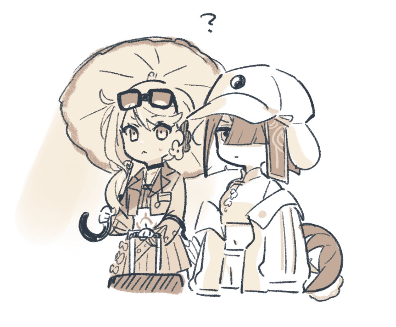 kanoko iii, chloe von einzbern, chloe von einzbern (swimsuit avenger) (first ascension), xu fu (fate), xu fu (swimsuit avenger) (third ascension) (fate), fate/grand order, fate (series), commentary request, 2girls, :<, ?, eyewear on head, hair over one eye, hat, holding, holding umbrella, long hair, midriff, monochrome, multiple girls, navel, pubic tattoo, rolling suitcase, suitcase, tattoo, umbrella, yin yang