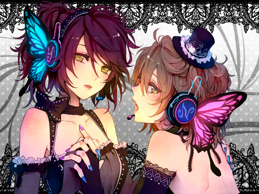 ria (rilpoppo), magnet (vocaloid), niconico, vocaloid, 2girls, back, bare back, bare shoulders, blue nails, brown hair, butterfly hair ornament, dress, elbow gloves, gloves, hair ornament, hat, headset, holding hands, interlocked fingers, multiple girls, nail art, nail polish, pink nails, purple hair, short hair, yellow eyes, yuri