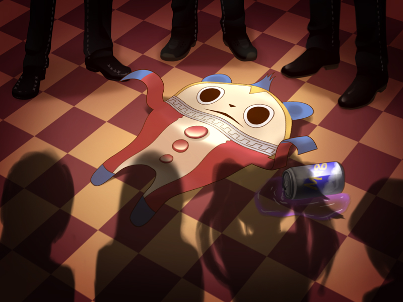 terumii, amagi yukiko, hanamura yousuke, kujikawa rise, kuma (persona 4), narukami yu, satonaka chie, shirogane naoto, tatsumi kanji, atlus, persona, persona 4, spoilers, 3boys, 4girls, checkered floor, feet, flattened, full body, multiple boys, multiple girls, shadow, solo focus, standing, surrounded, you gonna get raped