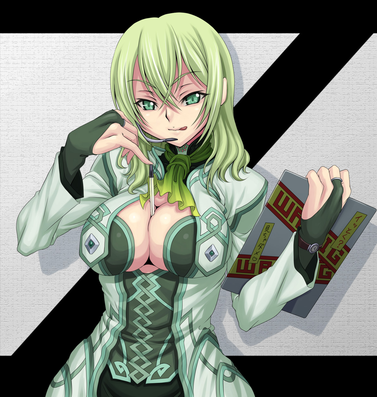 syunzou, fiona (border break), border break, highres, 1girl, :q, between breasts, breasts, bridal gauntlets, cleavage, female focus, green eyes, green hair, headset, holding, matching hair/eyes, pen, solo, tongue, tongue out, watch, wristwatch