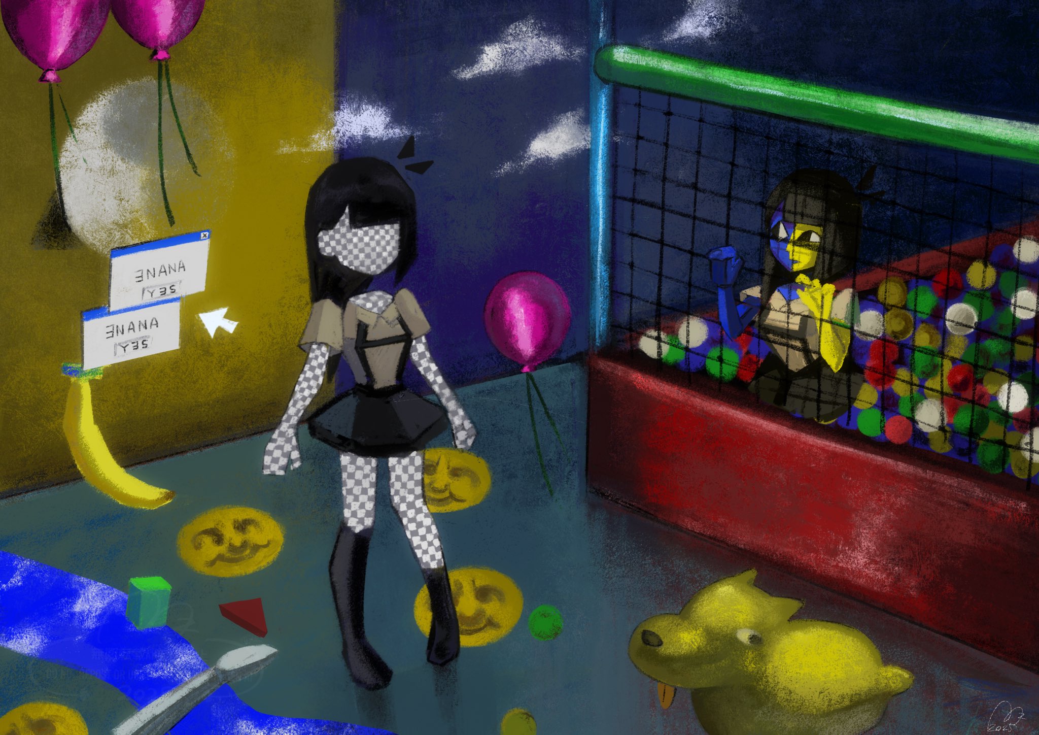 usagimarumei, ena (ena), happy ena, hourglass dog, moony (ena), ena (series), ena (web series), highres, 2girls, asymmetrical hair, ball pit, balloon, banana, black eyes, black hair, blue skin, blunt bangs, blunt ends, colored skin, dog, dual persona, ena (species), floating head, food, fruit, indoors, long hair, low poly, multicolored skin, multiple girls, shirt, short sleeves, skirt, split-color skin, surreal, suspender skirt, suspenders, two-tone skin, yellow skin