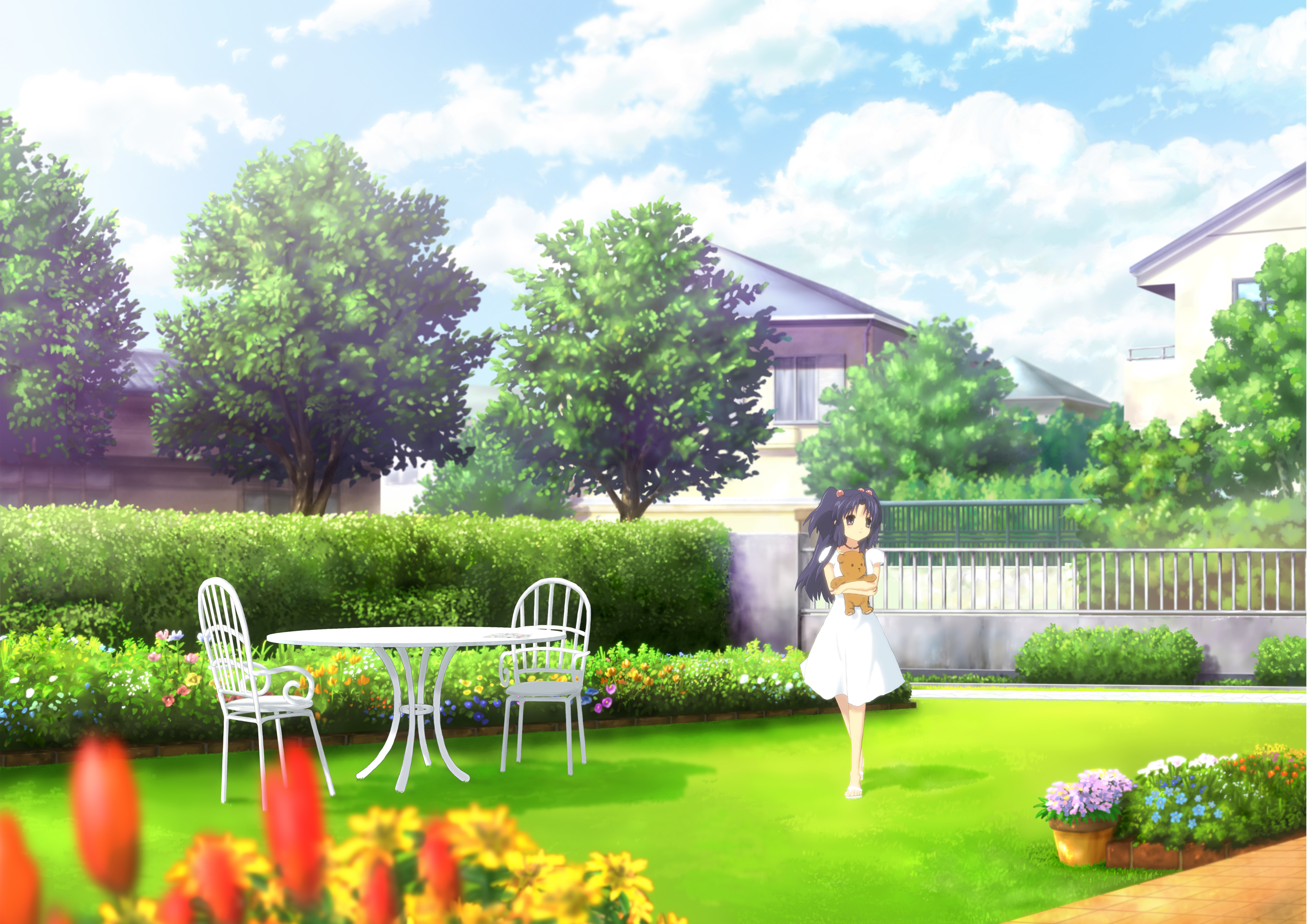 shuushuu, ichinose kotomi, clannad, absurdres, bad id, bad pixiv id, highres, 00s, chair, garden, landscape, sandals, solo, stuffed animal, stuffed toy, table, teddy bear