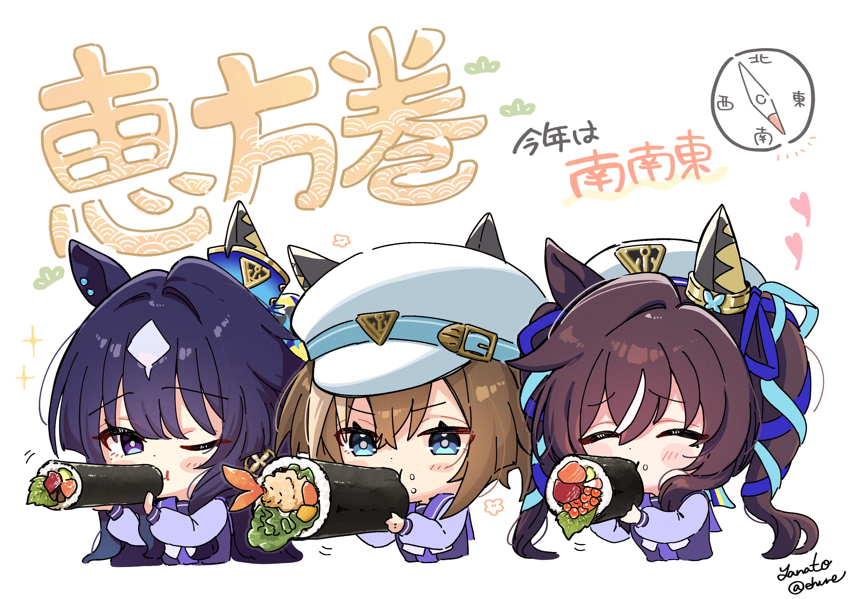 yanato (e-huxe), cheval grand (umamusume), verxina (umamusume), vivlos (umamusume), umamusume, commentary request, highres, translation request, 3girls, ^ ^, anchor necklace, animal ears, beret, blue eyes, blue hair, blue ribbon, blush, brown hair, closed eyes, ear covers, ear ornament, ears through headwear, eating, ehoumaki, food, hair between eyes, hair ornament, hat, holding, holding food, horse ears, horse girl, jewelry, long hair, long sleeves, makizushi, multicolored hair, multiple girls, necklace, one eye closed, purple eyes, ribbon, school uniform, siblings, simple background, single ear cover, sisters, smile, sushi, tracen school uniform, twintails, v sisters, white background, white hair, white hat