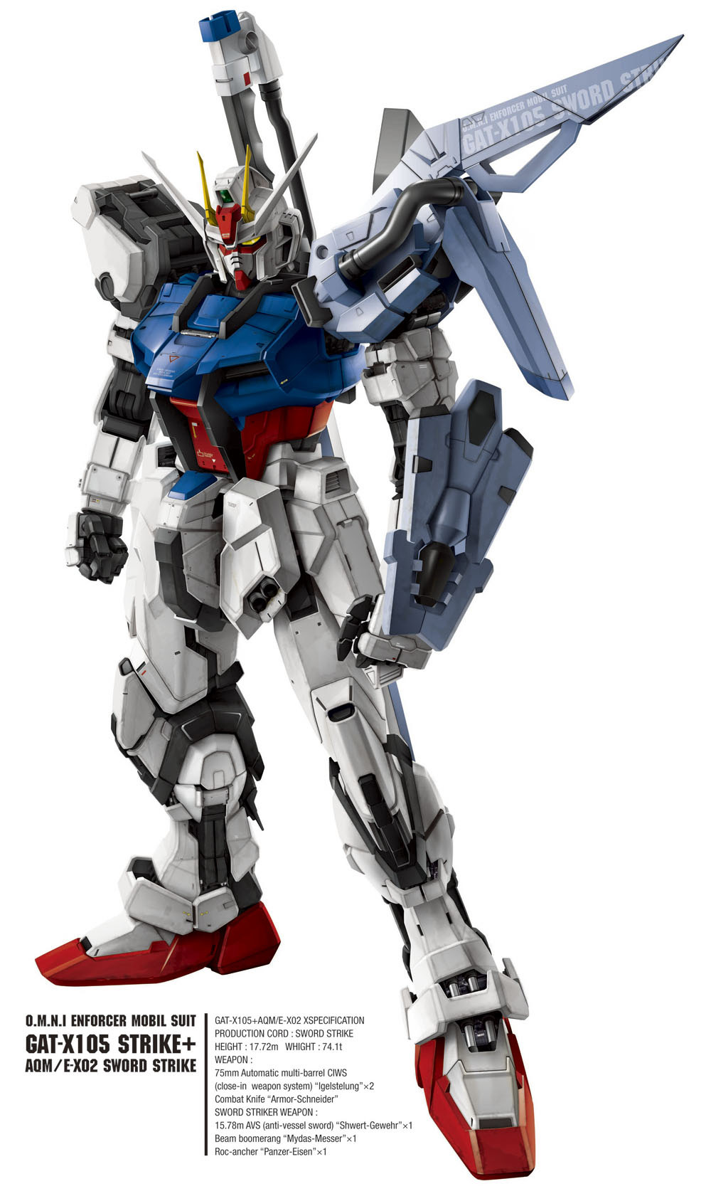 dias (tajima kouki), strike gundam, sword strike gundam, gundam, gundam seed, highres, 00s, mecha, no humans, robot, simple background, solo, sword, text focus, weapon