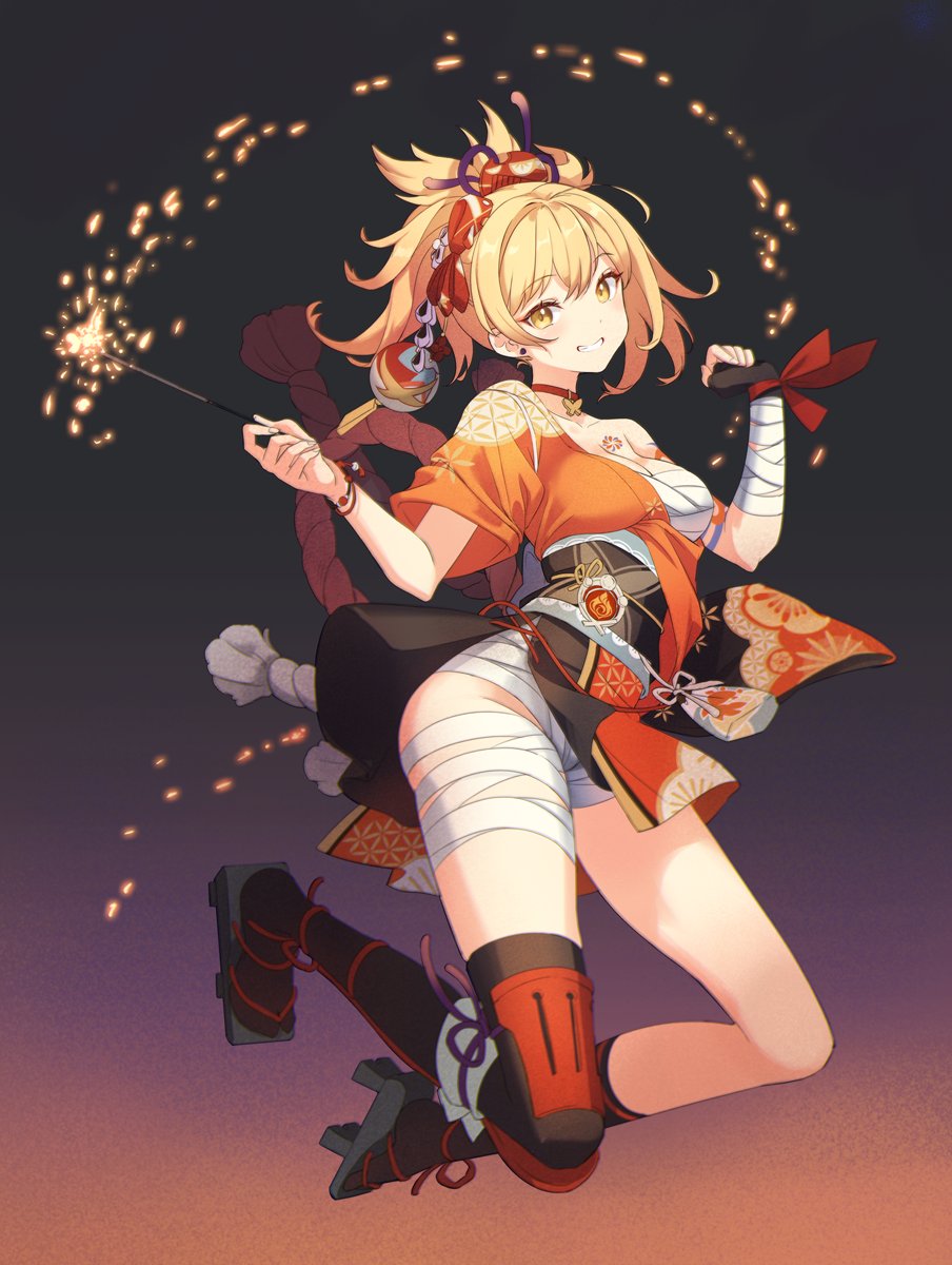 h2so4, yoimiya (genshin impact), genshin impact, commentary request, highres, 1girl, arm tattoo, asymmetrical legwear, bandaged arm, bandaged leg, bandages, blonde hair, breasts, chest sarashi, chest tattoo, choker, fireworks, full body, geta, grin, hadanugi dousa, hair ornament, holding, holding fireworks, japanese clothes, jumping, kimono, kinchaku, looking at viewer, medium breasts, medium hair, obi, open kimono, orange kimono, ponytail, pouch, red choker, rope, sarashi, sash, short kimono, smile, solo, sparkler, tattoo, vision (genshin impact), yellow eyes