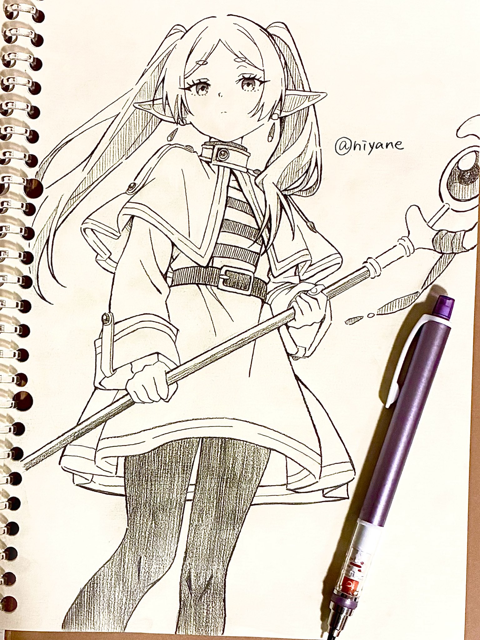 niyane, frieren, sousou no frieren, commentary request, highres, pen (medium), traditional media, 1girl, art tools in frame, belt, capelet, closed mouth, earrings, elf, feet out of frame, holding, holding staff, jewelry, long hair, long sleeves, looking at viewer, mage staff, pantyhose, pointy ears, shirt, simple background, skirt, solo, staff, standing, striped clothes, striped shirt, teardrop earrings, twintails, twitter username