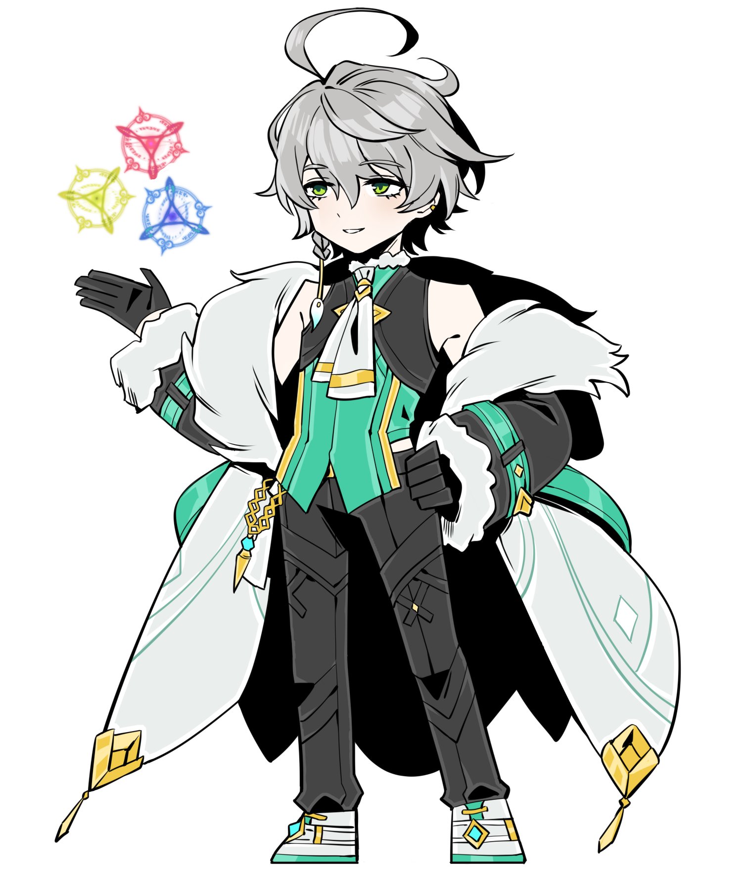 ainchase ishmael, bluhen (elsword), elsword, limbus company, project moon, commentary, highres, 1boy, ahoge, bare shoulders, black gloves, black pants, braid, coat, colored shoe soles, eirlys els, full body, fur-trimmed coat, fur-trimmed sleeves, fur trim, gloves, green eyes, green shirt, green vest, grey hair, grin, hair between eyes, hand on own hip, hand up, long sleeves, male focus, neckerchief, off shoulder, open clothes, open coat, pants, parody, shirt, shoes, short hair, side braid, simple background, single braid, sleeveless, sleeveless shirt, smile, solo, standing, style parody, vest, white background, white coat, white neckerchief, white shoes