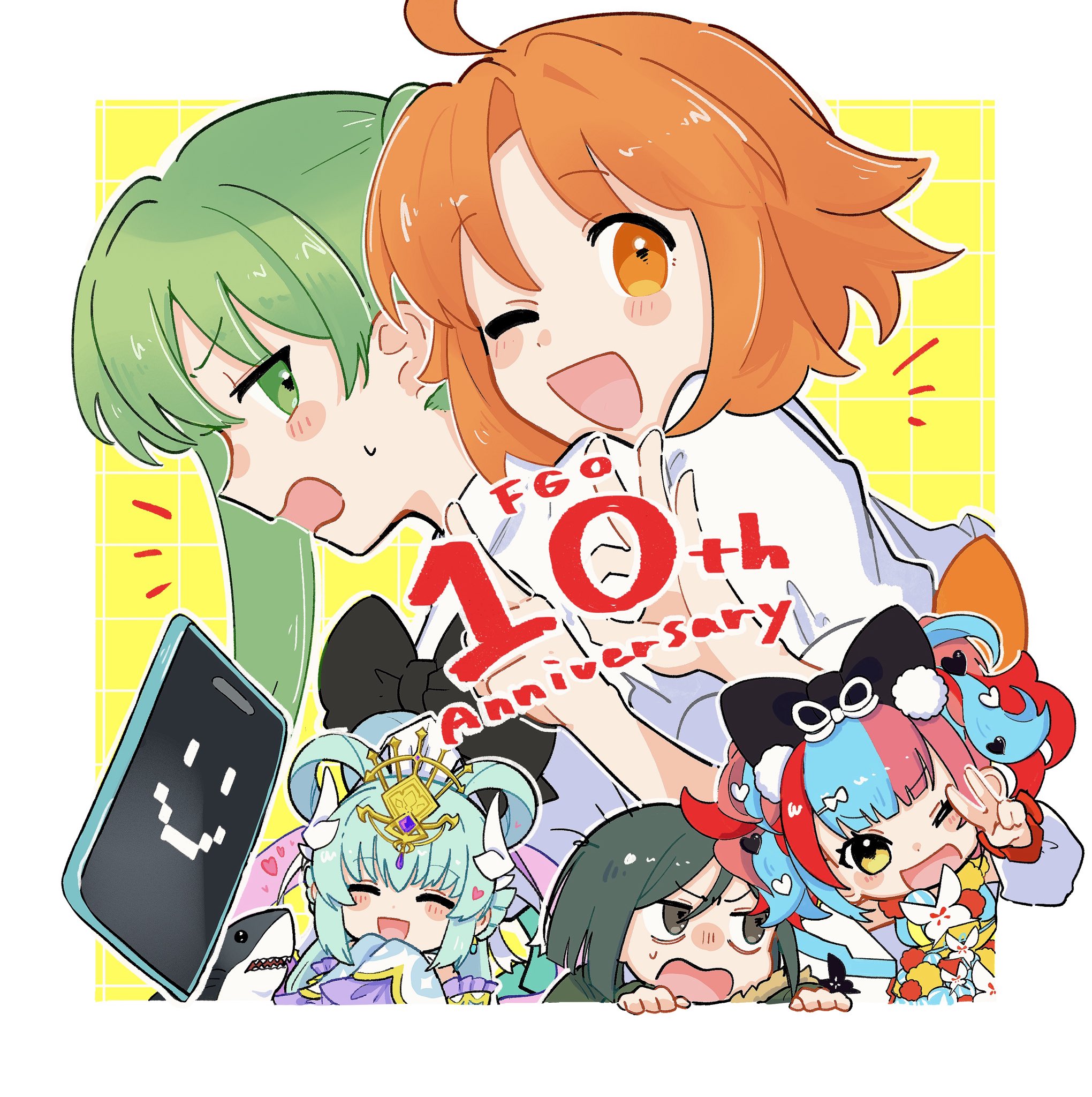 kanoko iii, hibino hibiki, katsuragi chikagi, kiyohime (fate), sei shounagon (fate), sei shounagon (second ascension) (fate), waver velvet, waver velvet (zhuge liang), fate/grand order, fate (series), mahou tsukai no hako, commentary request, highres, 1boy, 4girls, ;d, anniversary, aqua hair, black bow, blue hair, bow, closed eyes, english text, green eyes, green hair, grey eyes, hair bow, index finger raised, keitai-san, long hair, multicolored hair, multiple girls, ok sign, one eye closed, open mouth, orange eyes, orange hair, otohime kiyohime (fate), pink hair, red hair, shark, simple background, smile, v, yellow background, yellow eyes