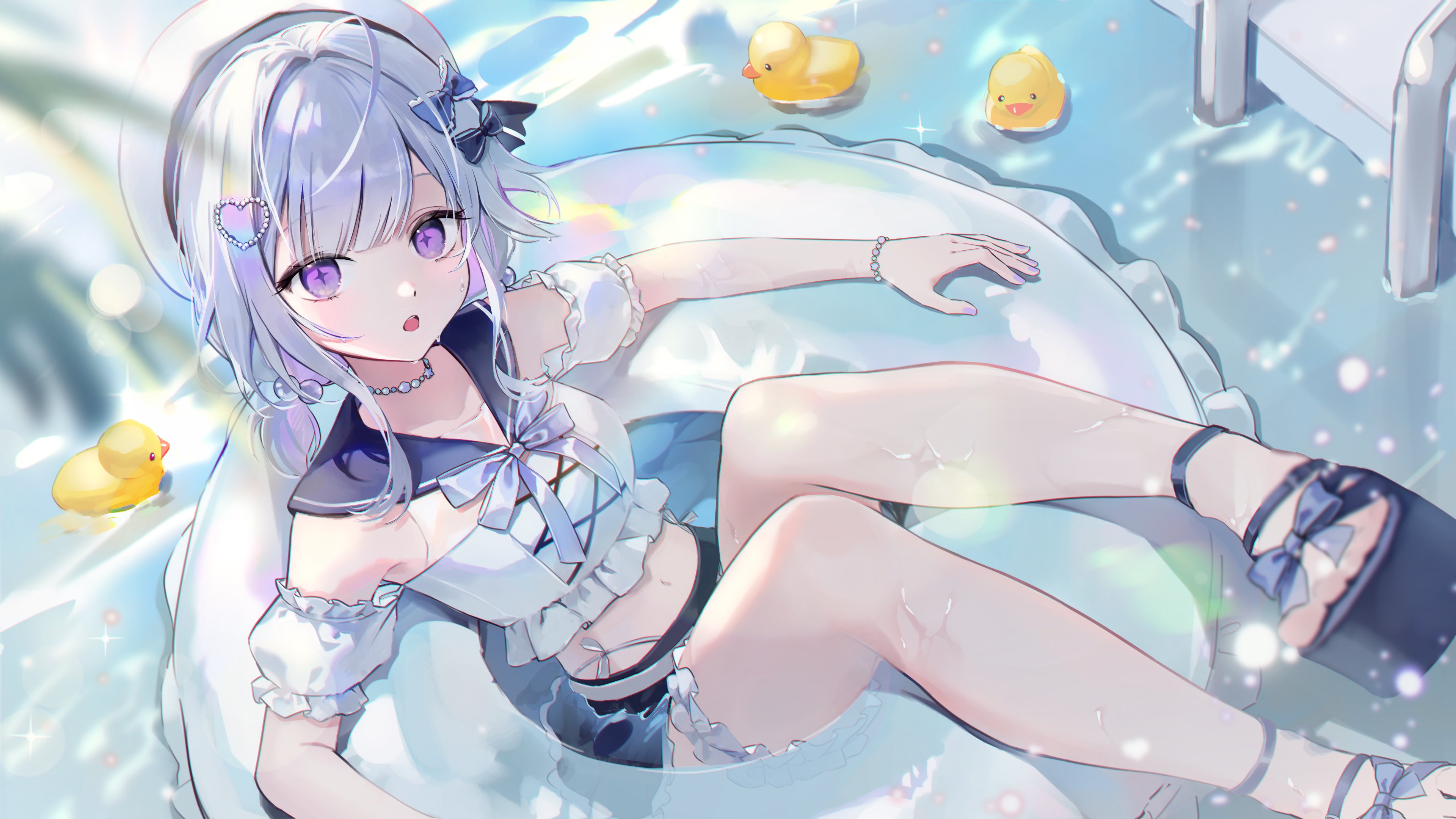bbony 0 0, ayatsuno yuni, stellive, absurdres, commentary request, highres, korean commentary, 1girl, bead bracelet, beads, beret, black bow, black shoes, black shorts, blue bow, blue bowtie, blue sailor collar, bow, bowtie, bracelet, crop top, cross-shaped pupils, detached sleeves, footwear bow, frilled shorts, frills, full body, gradient hair, hair ornament, hat, heart, heart hair ornament, innertube, jewelry, midriff, multicolored hair, navel, necklace, open mouth, partially submerged, pool, puffy detached sleeves, puffy sleeves, purple eyes, rubber duck, sailor collar, shoes, shorts, solo, swim ring, symbol-shaped pupils, thigh scrunchie, virtual youtuber, white hair, white hat