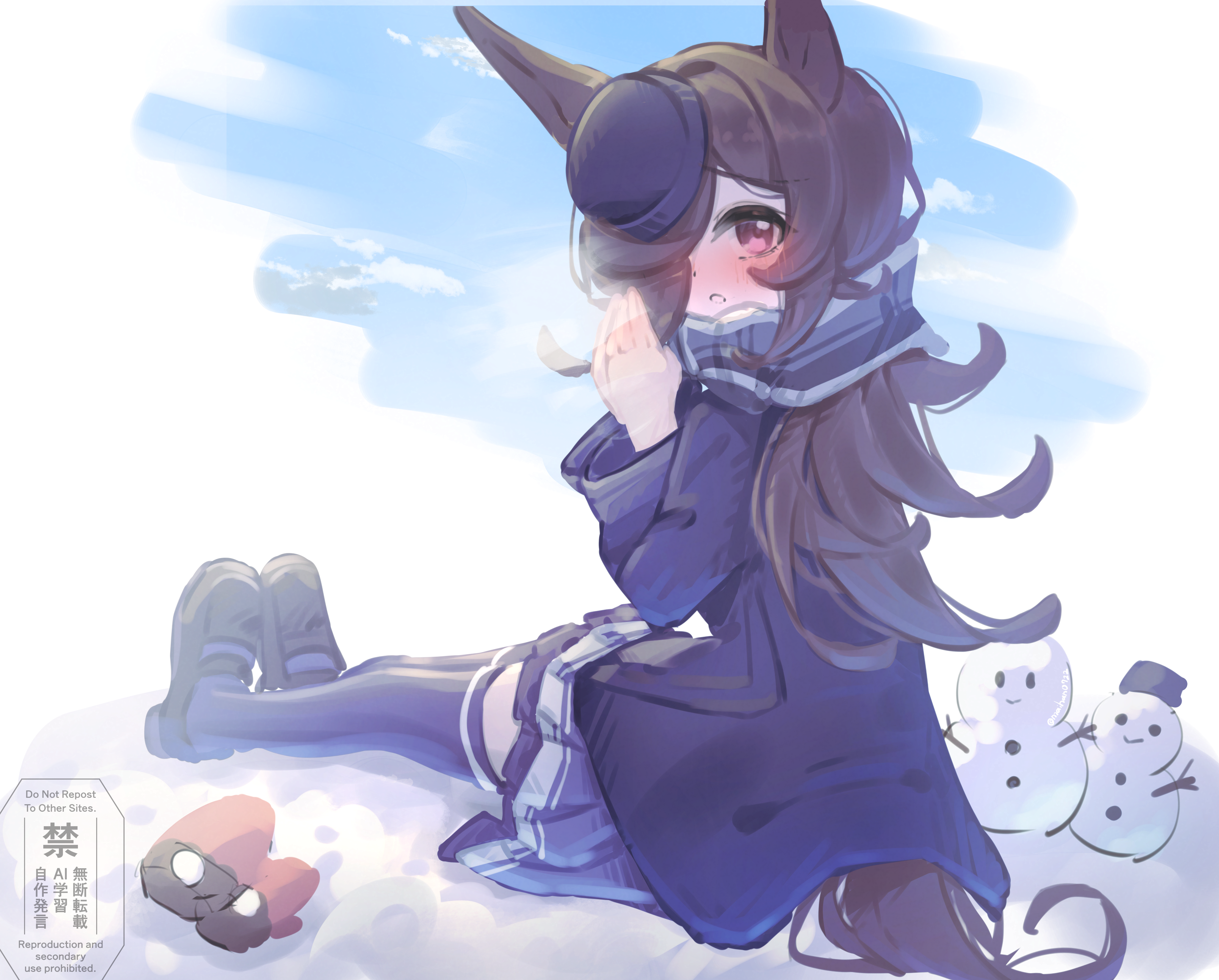 saigyougi, rice shower (umamusume), umamusume, absurdres, commentary request, highres, 1girl, animal ears, blue coat, blue hat, blush, breath, brown hair, coat, flipped hair, hair over one eye, hat, horse ears, horse girl, horse tail, long hair, looking at viewer, looking back, parted lips, purple eyes, purple skirt, purple thighhighs, scarf, school uniform, shoes, sitting, skirt, snow, snowman, solo, tail, thighhighs, tilted headwear, tracen school uniform, tracen winter coat, unworn mittens, winter clothes, winter coat, winter uniform