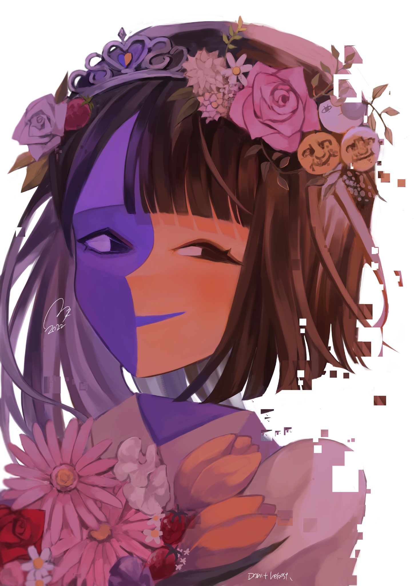 usagimarumei, ena (ena), happy ena, moony (ena), ena (series), ena (web series), highres, 1girl, asymmetrical hair, black eyes, black hair, blue skin, blunt bangs, blunt ends, colored skin, ena (species), floating head, flower, flower wreath, food, fruit, glitch, hair flower, hair ornament, head wreath, leaf, long hair, multicolored skin, pink flower, pink rose, rose, shirt, simple background, smile, split-color skin, strawberry, tiara, tulip, two-tone skin, white flower, white rose, yellow flower, yellow skin, yellow tulip