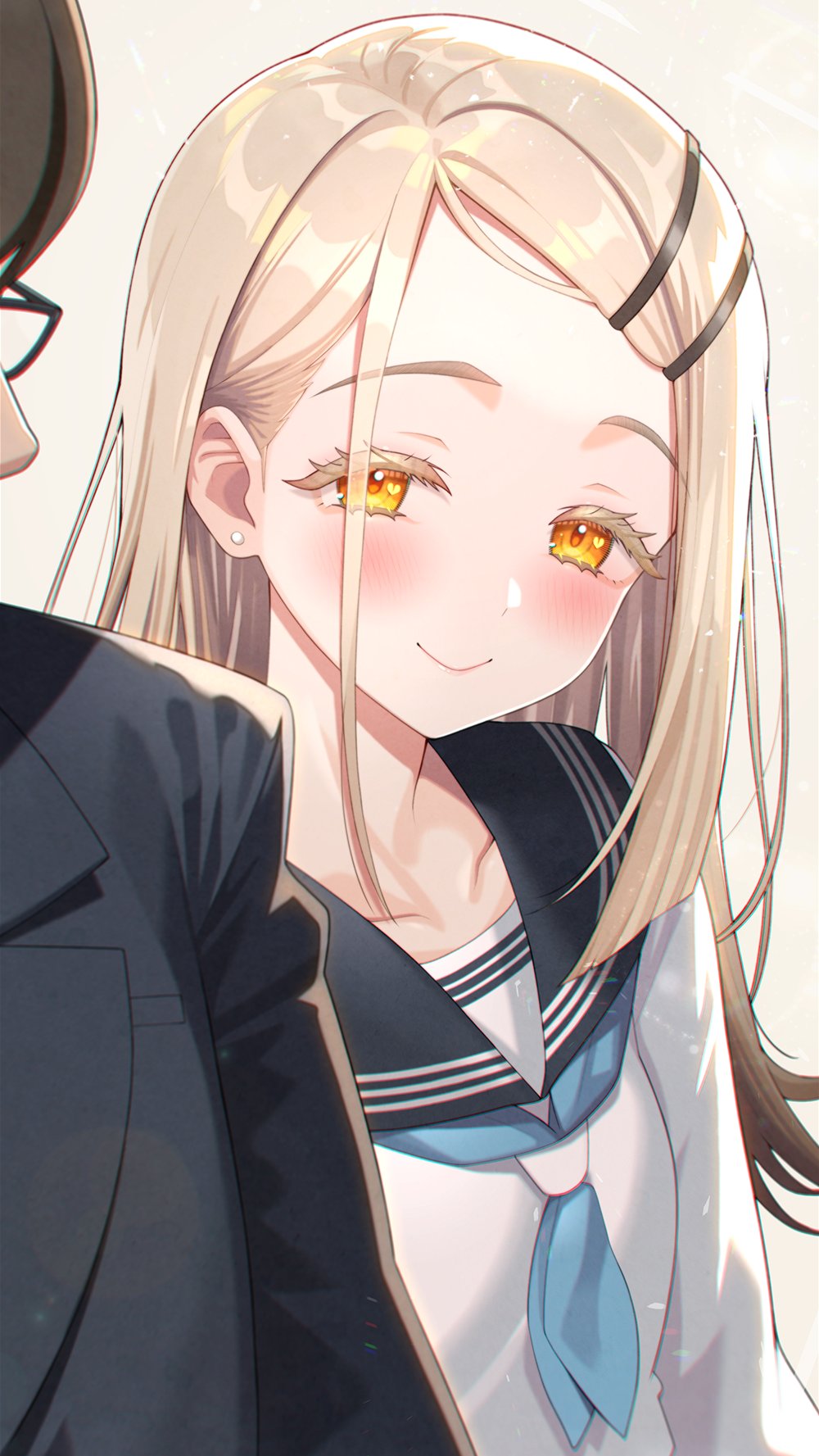 shizuru (daikoukaizidai), producer (idolmaster), shinosawa hiro, gakuen idolmaster, idolmaster, commentary request, highres, 1boy, 1girl, black hair, black jacket, black sailor collar, blonde hair, blue neckerchief, blush, breasts, closed mouth, collarbone, colored eyelashes, earrings, flipped hair, glasses, gradient hair, grey hair, hair ornament, hairclip, hatsuboshi gakuen school uniform, head out of frame, jacket, jewelry, long hair, looking at viewer, multicolored hair, neckerchief, orange eyes, out of frame, parallel hairclips, sailor collar, sailor shirt, school uniform, shirt, small breasts, smile, stud earrings, suit jacket, swept bangs, upper body, white shirt