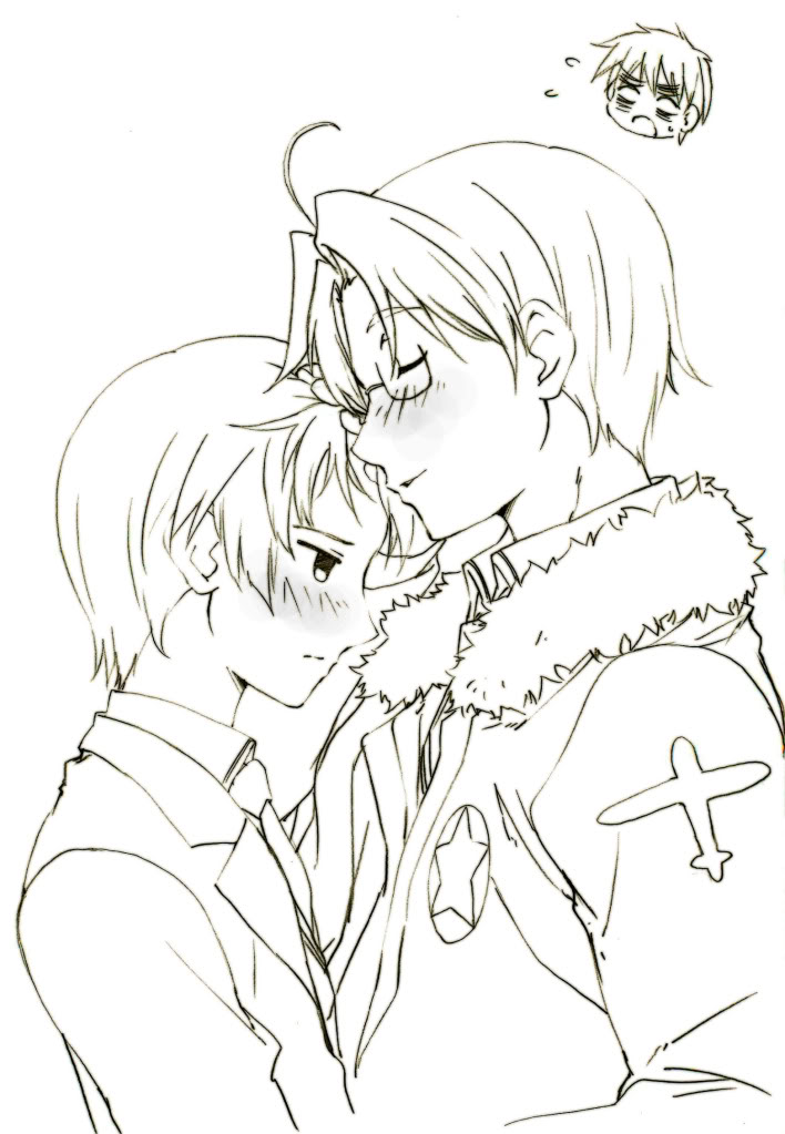 america (hetalia), japan (hetalia), united kingdom (hetalia), axis powers hetalia, tagme, 3boys, blush, glasses, male focus, monochrome, multiple boys, yaoi