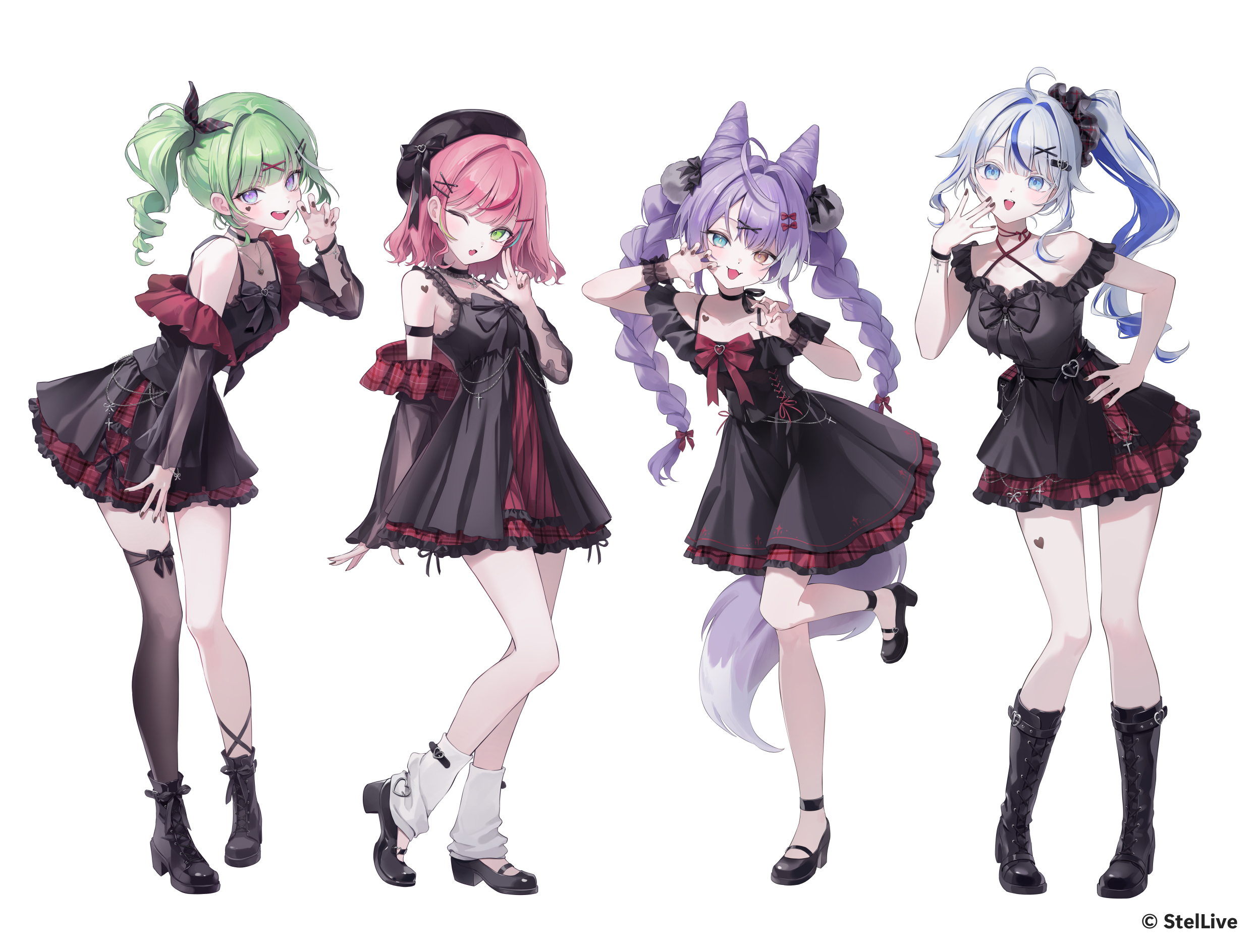 bbony 0 0, aokumo rin, hanako nana, tenko shibuki, yuzuha riko, stellive, commentary request, highres, korean commentary, 4girls, ahoge, ankle strap, arm strap, beret, black boots, black bow, black bowtie, black choker, black dress, black hat, black nails, black ribbon, black shoes, black thighhighs, black wrist cuffs, blue eyes, blue hair, boots, bow, bowtie, bracelet, braid, choker, cone hair bun, cross, double bun, dress, fox girl, fox tail, frilled dress, frills, full body, gradient eyes, green eyes, green hair, hair bow, hair bun, hair ornament, hair ribbon, hairclip, hand on own hip, hat, heart, heart tattoo, heterochromia, jewelry, multicolored eyes, multicolored hair, multiple girls, nail polish, necklace, off-shoulder dress, off shoulder, one eye closed, open mouth, parallel hairclips, pink hair, plaid clothes, plaid skirt, pleated skirt, pom pom (clothes), pom pom hair ornament, purple hair, red bow, red bowtie, red skirt, ribbon, shoes, side ponytail, simple background, single thighhigh, skirt, socks, spaghetti strap, standing, standing on one leg, streaked hair, tail, tattoo, thighhighs, twin braids, twintails, virtual youtuber, white background, white hair, white socks, wrist cuffs, x hair ornament, yellow eyes