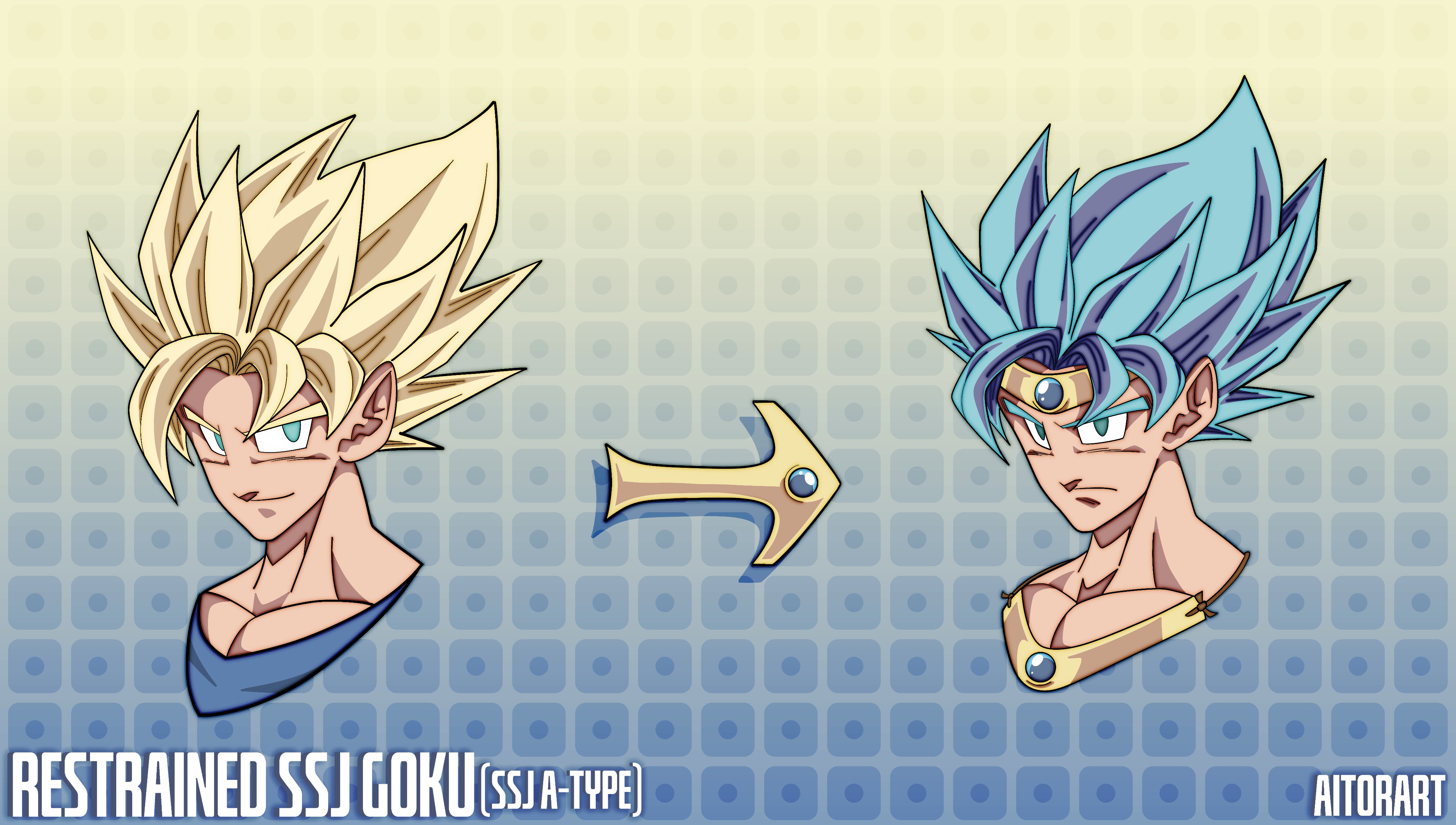 broly (dragon ball z), son goku, dragon ball, dragonball z, absurdres, commentary, english commentary, highres, 1boy, aitorart, arrow (symbol), artist name, blonde hair, blue background, blue eyes, blue gem, blue hair, broly (dragon ball z) (cosplay), character name, circlet, cosplay, cropped shoulders, dougi, english text, gem, gold circlet, gold necklace, gradient background, green eyes, jewelry, legendary super saiyan, light frown, light smile, multiple views, necklace, patterned background, portrait, saiyan, solo, spiked hair, super saiyan, yellow background