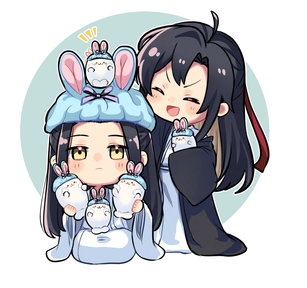 lan wangji, wei wuxian, wei wuxian (yiling laozu), modao zushi, commentary request, 2boys, :d, ^ ^, ahoge, alternate costume, animal hat, aslle, black coat, black hair, blue hat, blush, chibi, chibi only, chinese clothes, closed eyes, closed mouth, coat, couple, full body, hair down, hair ribbon, half updo, hanfu, hat, holding, holding stuffed toy, long hair, long sleeves, male focus, multiple boys, notice lines, official alternate hairstyle, open clothes, open coat, open mouth, rabbit hat, red ribbon, ribbon, robe, seiza, sidelocks, sitting, smile, standing, stuffed animal, stuffed rabbit, stuffed seal, stuffed toy, white background, white hanfu, wide sleeves, yaoi, yellow eyes
