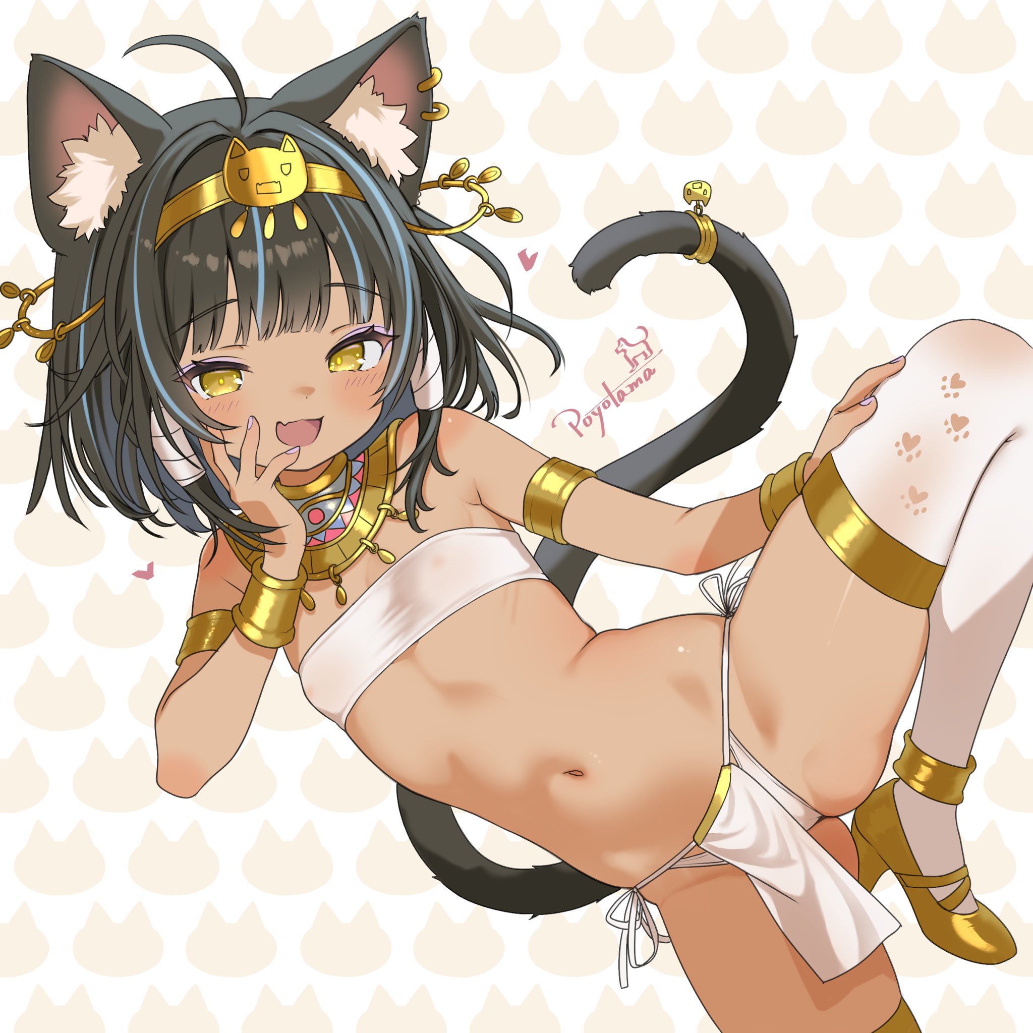 po yo ta ma, original, gold armlet, gold collar, commentary request, highres, 1girl, ahoge, ancient egyptian, ancient egyptian clothes, animal ears, anklet, armlet, black hair, blue streaks, bracelet, breasts, brown egyptian cat-eared loli (trend), cat ears, cat tail, dark-skinned female, dark skin, earrings, fang, gold, gold anklet, gold bracelet, gold hairband, hairband, jewelry, leg lift, looking at viewer, multicolored hair, navel, open mouth, panties, pelvic curtain, short hair, side-tie panties, skin fang, small breasts, smile, solo, strapless, streaked hair, tail, tail ornament, tail ring, thighhighs, tube top, two-tone hair, underwear, usekh collar, white loincloth, white panties, white pelvic curtain, white thighhighs, yellow eyes