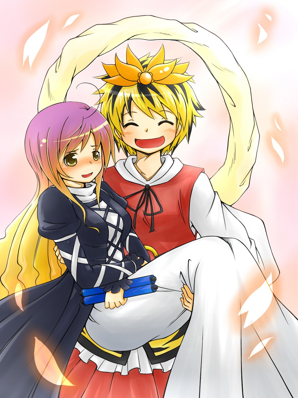 viva!!, hijiri byakuren, toramaru shou, touhou, highres, md5 mismatch, resolution mismatch, source smaller, 2girls, blonde hair, blush, carrying, dress, female focus, gradient hair, hair ornament, long hair, multicolored hair, multiple girls, princess carry, scroll, shawl, short hair, yellow eyes