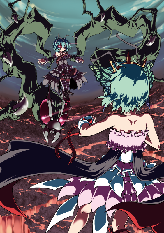sayuu hanten, dark princess (princess wriggle), princess wriggle, wriggle nightbug, touhou, 2girls, antennae, bare shoulders, bug, butterfly, butterfly hair ornament, centipede, dark persona, dress, dual persona, female focus, floating, from behind, green eyes, hair ornament, high contrast, multiple girls, red eyes, short hair, tiara, wrist cuffs