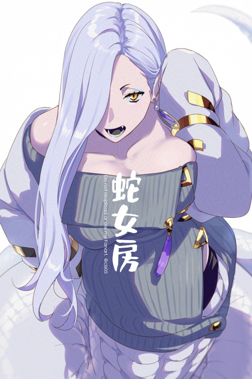 echo (circa), hebi nyoubou (fate), mrs. snake (second ascension) (fate), fate/grand order, fate (series), commentary request, translation request, 1girl, bare shoulders, black skirt, blue lips, breasts, choker, dress, earrings, eyeliner, grey dress, hair over one eye, hoop earrings, jacket, jewelry, lamia, large breasts, long hair, long sleeves, looking at viewer, makeup, monster girl, off shoulder, open mouth, pencil skirt, skirt, smile, snake tail, solo, sweater, sweater dress, tail, tassel, white hair, white jacket, yellow eyes