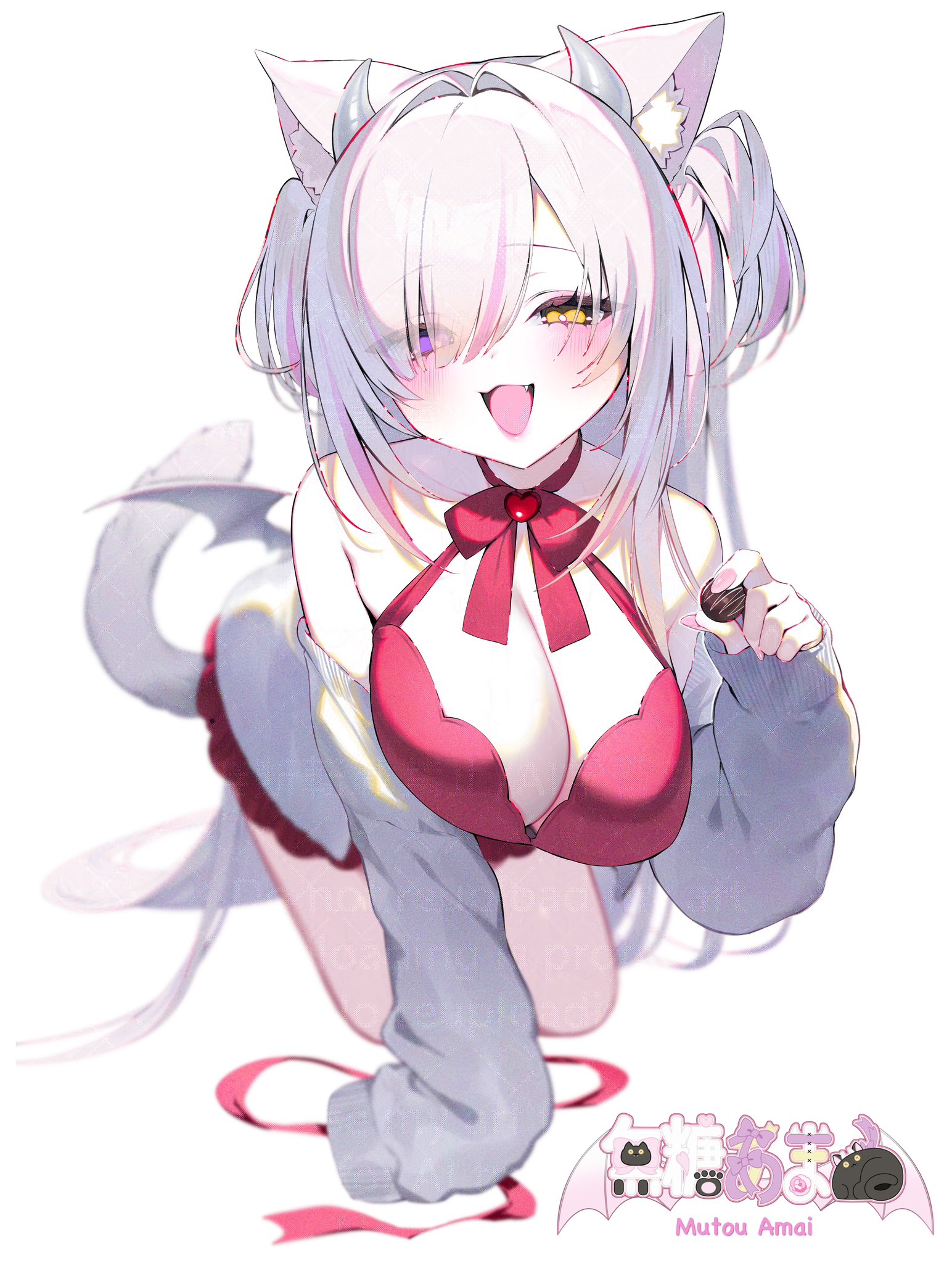 asagi yuna, commentary request, highres, 1girl, :d, animal ear fluff, animal ears, arm support, bare shoulders, bent over, blush, bow, bowtie, breasts, cardigan, cat ears, cat girl, cat tail, chocolate, cleavage, collarbone, dress, eyes visible through hair, fang, food, giving, grey cardigan, grey sweater, hair between eyes, hair over one eye, half-closed eyes, halter dress, halterneck, hanging breasts, heart, heterochromia, holding, holding chocolate, holding food, horns, incoming gift, large breasts, leaning forward, long hair, long sleeves, looking at viewer, mini wings, multicolored hair, mutou amai, off-shoulder sweater, off shoulder, open cardigan, open clothes, open mouth, purple eyes, red bow, red bowtie, red dress, ribbon, short dress, simple background, sleeveless, sleeveless dress, sleeves past wrists, smile, solo, streaked hair, sweater, tail, two side up, very long hair, virtual youtuber, white background, white hair, white wings, wings, yellow eyes