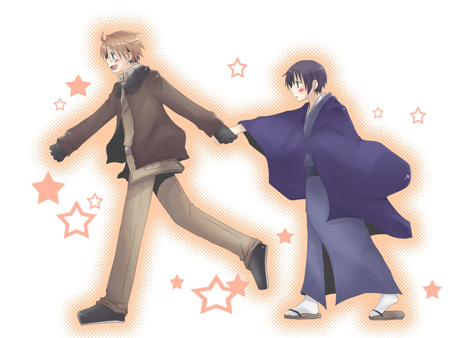america (hetalia), japan (hetalia), axis powers hetalia, 2boys, blonde hair, glasses, gloves, holding hands, jacket, male focus, multiple boys, purple hair, sandals, walking, yaoi