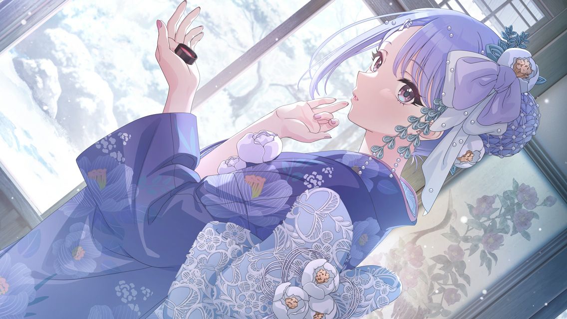 suzuki hana, idolmaster, idolmaster shiny colors, commentary, game cg, official art, third-party source, 1girl, back bow, blue hair, blue kimono, bow, dutch angle, fingernails, floral print, indoors, japanese clothes, kimono, looking to the side, makeup, nail polish, official alternate costume, purple eyes, rouge (makeup), single sidelock, snow, solo