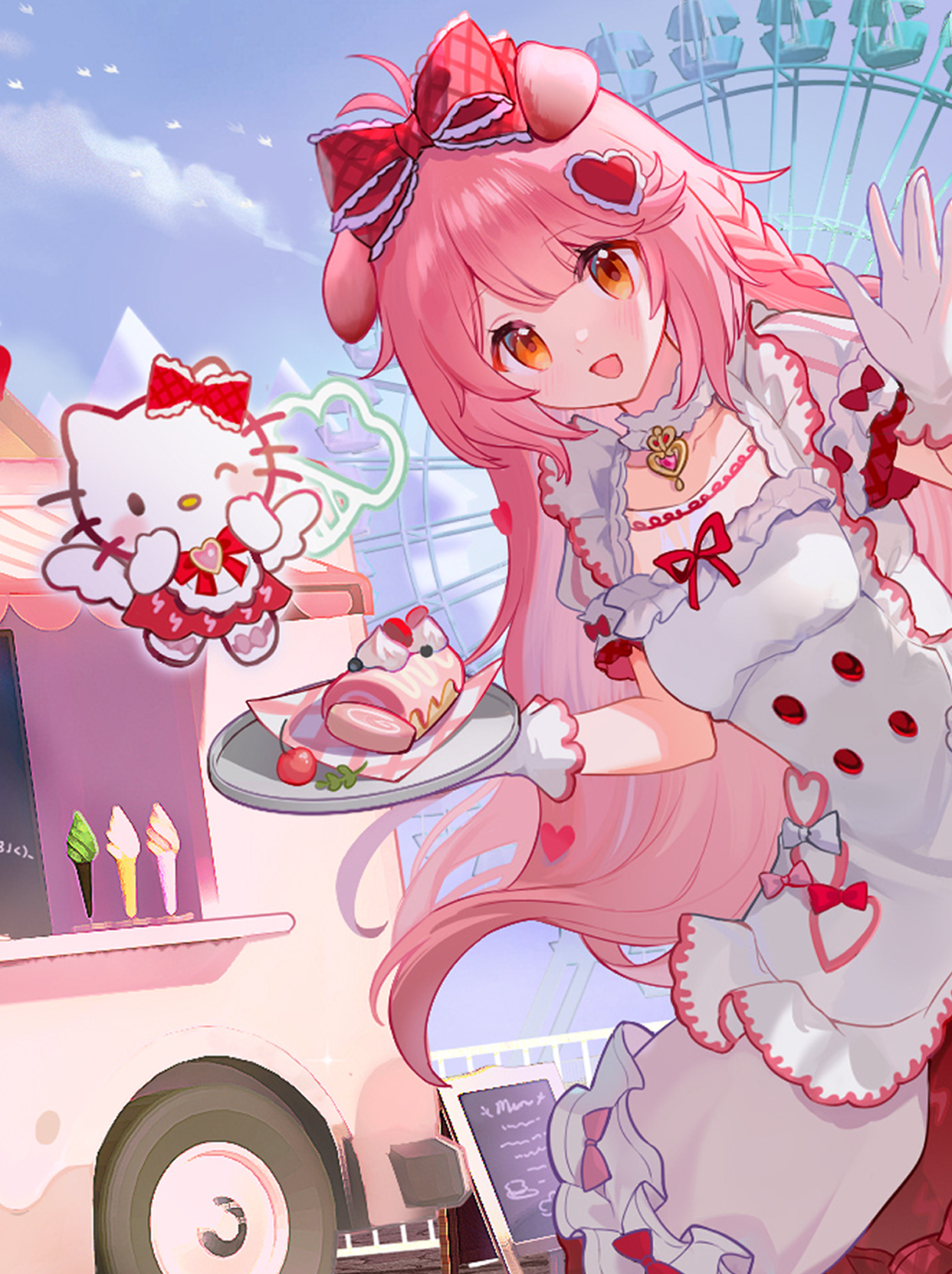 goldenglow (arknights), arknights, hello kitty, sanrio, chinese commentary, commentary request, highres, 1girl, :d, animal, animal ears, apron, blue sky, bow, braid, brown eyes, building, cake, cloud, day, dress, ferris wheel, floppy ears, food, frilled apron, frilled dress, frills, gloves, hair bow, hair ornament, heart, heart hair ornament, heise changmaomao, holding, holding tray, ice cream, long hair, looking at viewer, open mouth, orange eyes, outdoors, pink hair, plate, puffy short sleeves, puffy sleeves, red bow, short sleeves, sky, smile, solo, tray, very long hair, white apron, white dress, white gloves